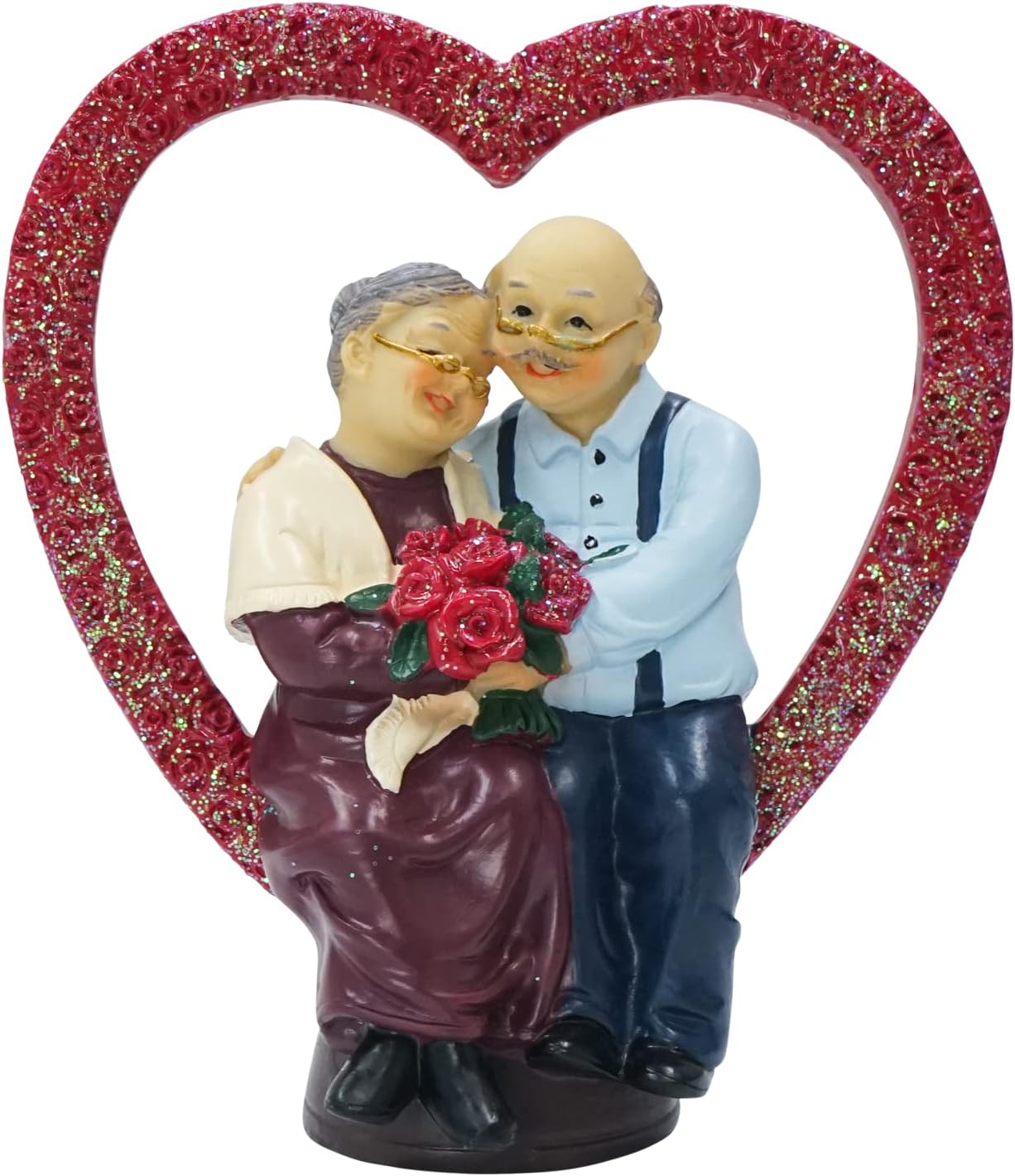 Dreamseden Elderly Couple Figurines - Happy Wedding Anniversary for Parents, Grandparents, Old Age Couple Friends, Heart Decoration Sculpture for Mother and Dad Living Room Bedroom (Rose)