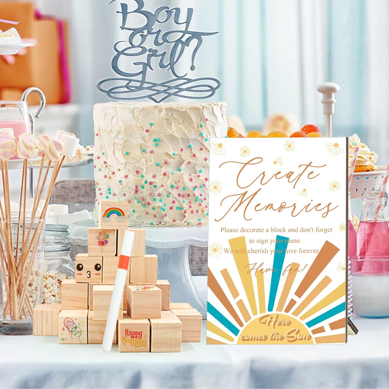 97 Pcs Sun Baby Shower Games Sign Kit, Sun Theme Party Decoration, Including Game Sign DIY Blank Wooden Block Painting Pen to Draw Your Idea for Sun Baby Shower Party Game Gender Reveal Party