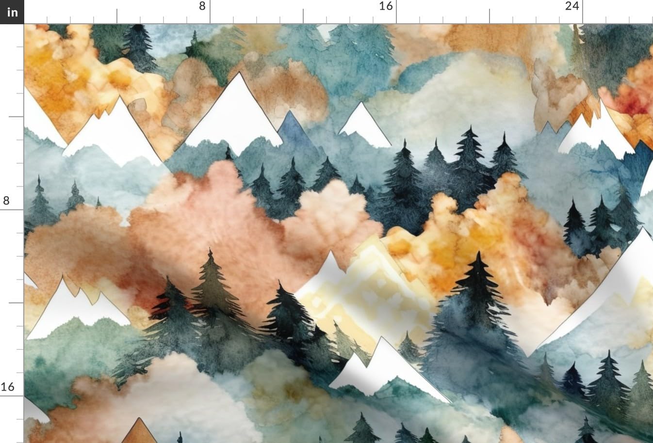 Spoonflower Fabric - Watercolor Mountain Green Orange Woodland Pine Forest Adventure Printed on Chiffon Fabric Fat Quarter - Upholstery Home Decor Bottomweight Apparel