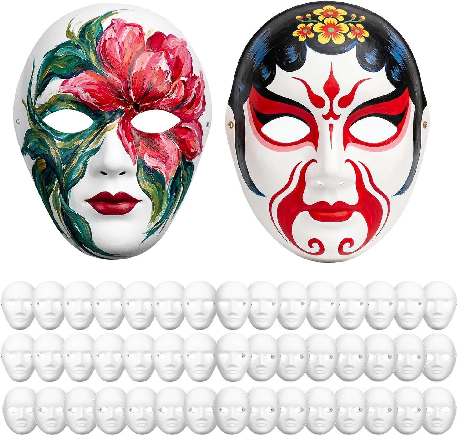 50 Pack DIY Full Face Masks Blank White Mask for Painting 2 Sizes Paper Mache Masquerade Mask for Halloween Mardi Gras Party Art Supplies