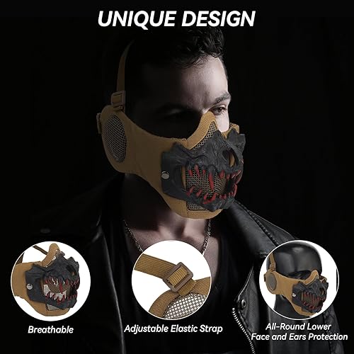 Miniatura 10 de Airsoft - Máscaras tácticas de calavera de media cara con protección facial para las orejas, máscara de malla para Halloween, paintball, CS caza
