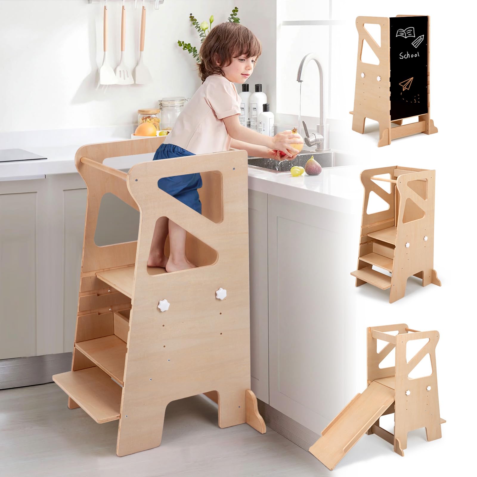 Labebe Torre di apprendimento per bambini, 4 in 1 regolabile learning tower in altezza con lavagna, Montessori con scivolo Torre, Multifunzionale Torre di apprendimento per bambini sgabello per cucina