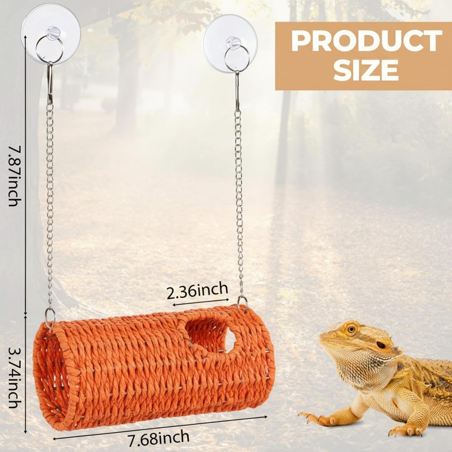 CroBlissful Bearded Dragon Tank Accessories Toys Reptile Hide Hollow Cave Hideout with Suction Cup and Chain Gecko Hide Reptile Tank Decor for Lizard Snake Hermit Crab(Long Cylindrical,Orange)