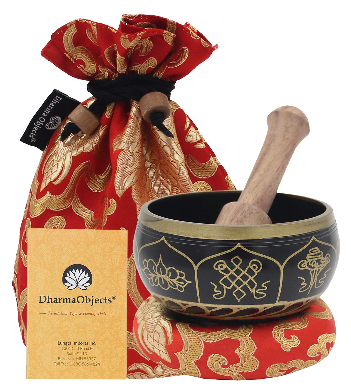 DharmaObjects ~ Tibetan OM MANI Singing Bowl Set ~ With Mallet, Brocade Cushion & Carry Bag ~ For Meditation, Chakra Healing, Prayer, Yoga (Eight Lucky Symbol, Black)