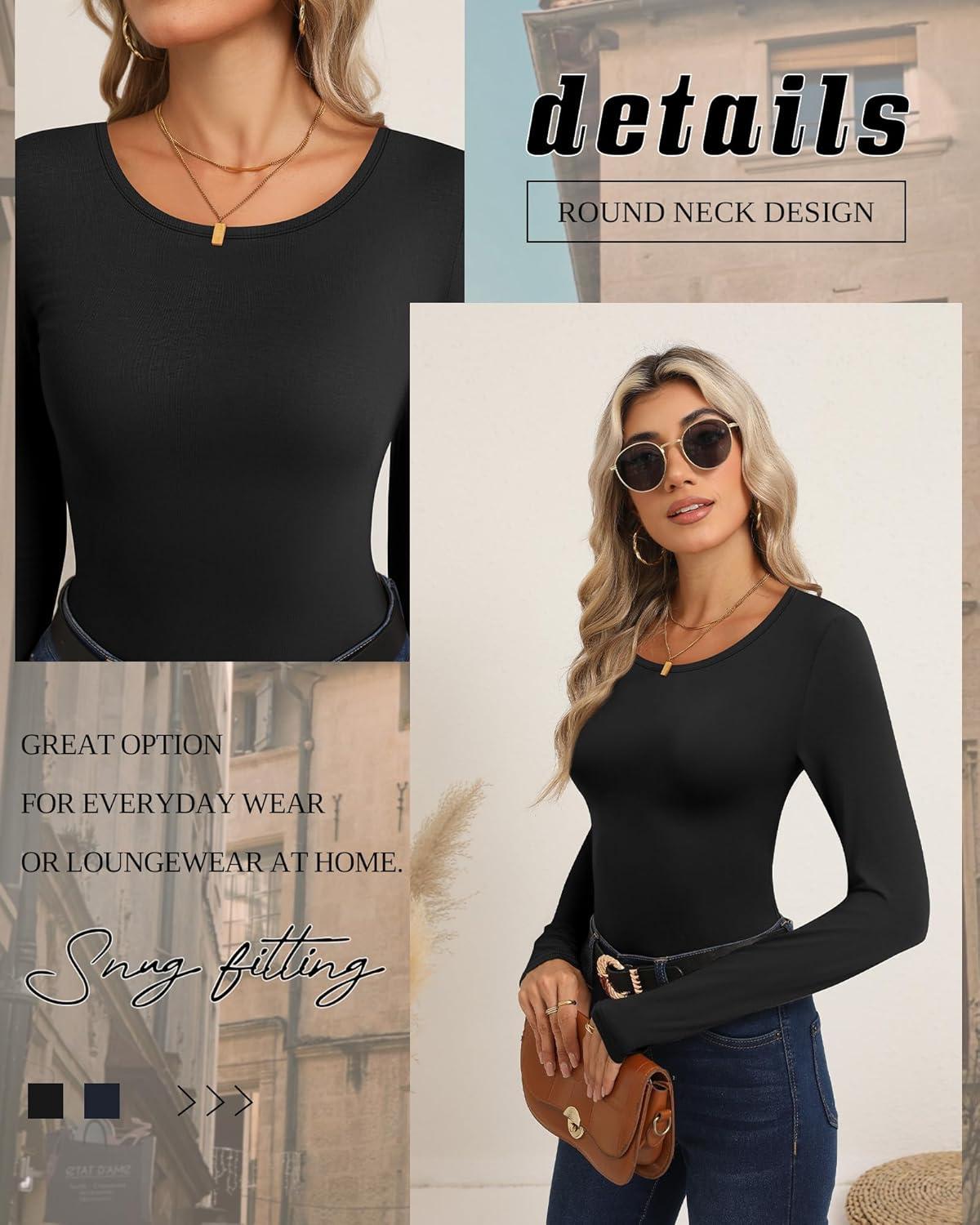 Riyiper 3 Pack Women's Long Sleeve Shirts Scoop Neck Tight Slim Fit Tops Casual Stretchy Basic Tee Layer Undershirts(Black, Dark Coffee, Beige,Medium) - Image 6