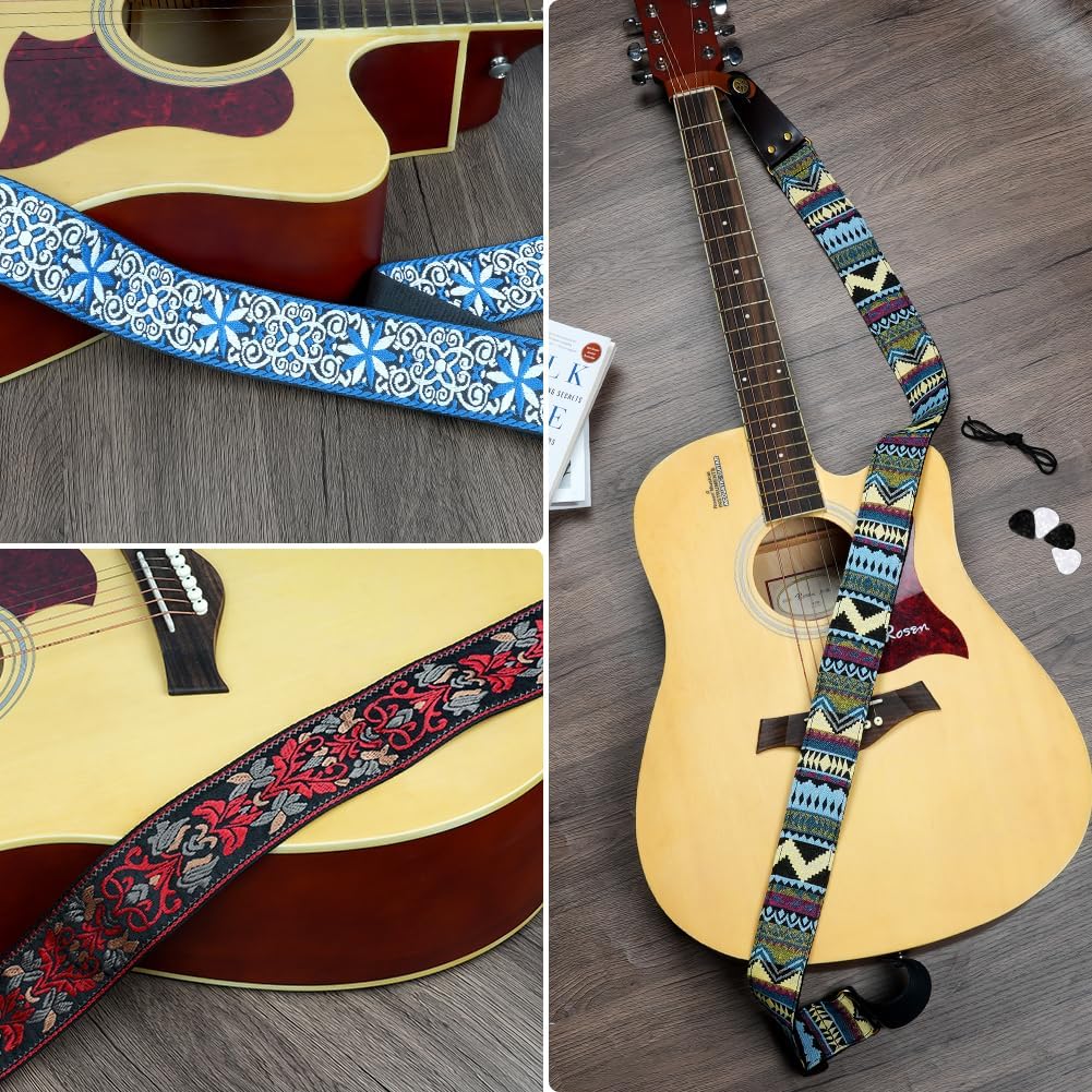 Aucuu Pasek do gitary, 2", w stylu vintage, haftowany bawełniany pasek do gitary, regulowany pasek do gitary, pasek z prawdziwej skóry, końcówki do akustycznej basu, z guzikiem pasowym, 2 zapięciami