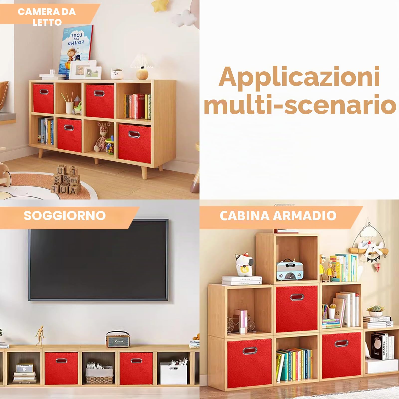 powerking Contenitore contenitore di stoccaggio in tessuto, 6 Pack pieghevole panno di stoccaggio Cube Organizer Cassetto con maniglia in metallo per armadio e giocattoli di stoccaggio, Rosso