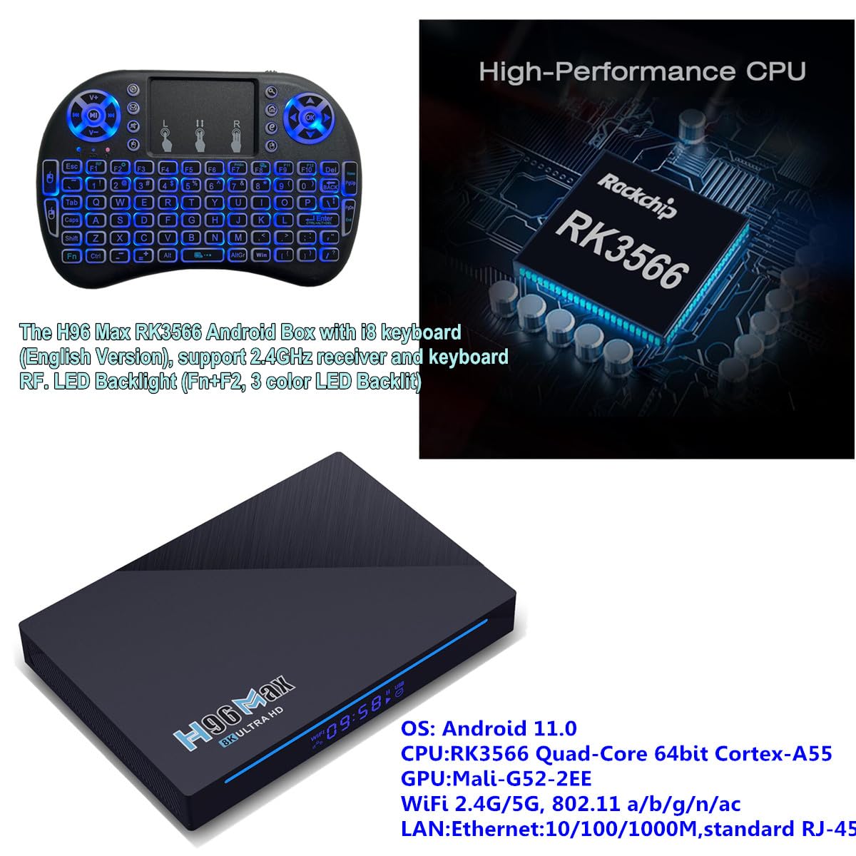 8GB 128GB H96 MAX RK3566 Android 11.0 TV Box Smart Set Top Box Dual WiFi 2.4G & 5G LAN 1000M BT4.0 Supporto HEVC H265 4K con tastiera i8 retroilluminata