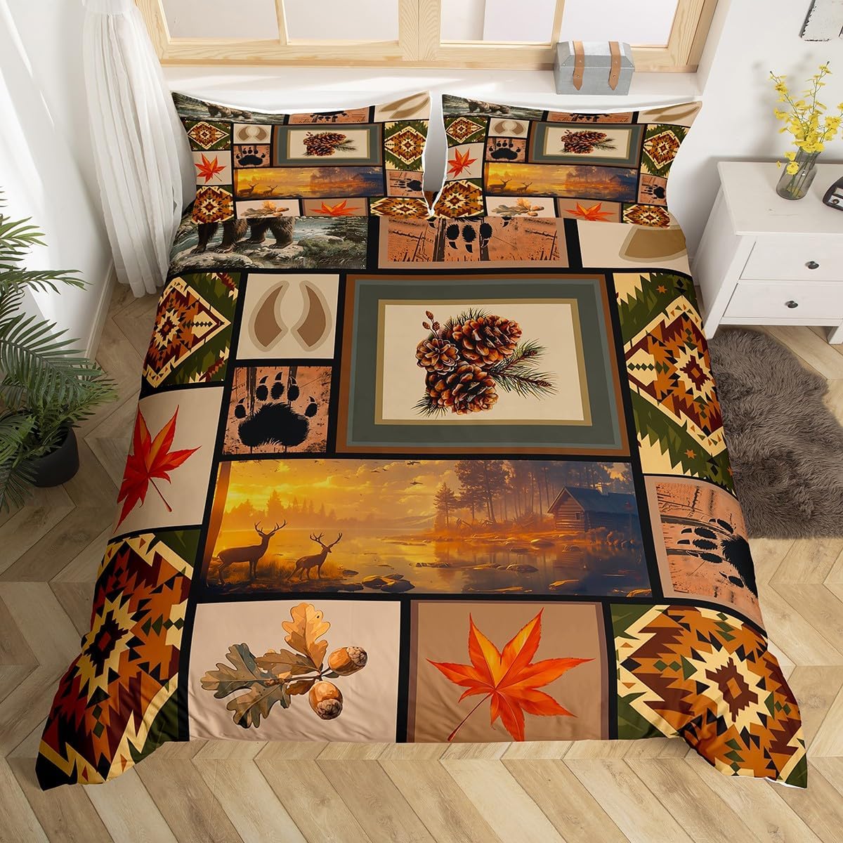 Deer Pattern Duvet Cover Set Toddler Size,Board Tribal Plaid Bedding Set for Kids Boys Girls Room Decor,Autumn Scenery Comforter Cover,Rustic Farmhouse Quilt Cover with 1 Pillowcase(No Comforter)