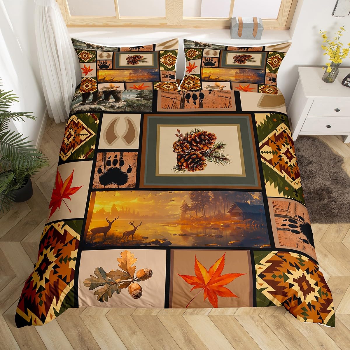 Deer Bear Duvet Cover King Size,Autumn Scenery Comforter Cover with 2 Pillowcase for Teens Adults,Kids Animals Paw Bedding Set,Rustic Vintage Breathable 3 Pcs Decorative Bed Cover(No Comforter) โ image 1