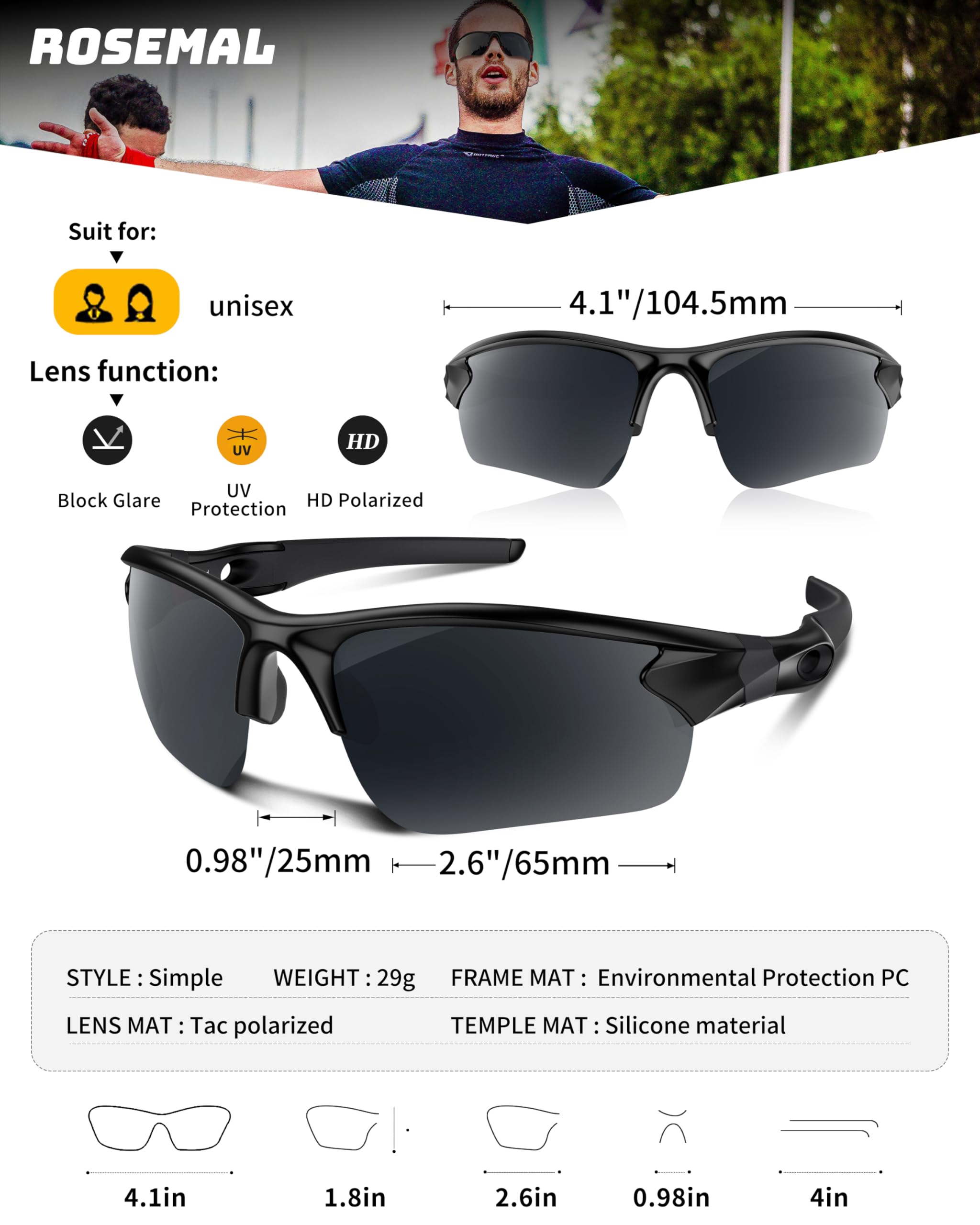 Rosemal Polaryzacyjne okulary przeciwsłoneczne dla mężczyzn kobiet okulary przeciwsłoneczne do biegania sport jazda na rowerze wędkarstwo baseball golf TAC UV400 TR90