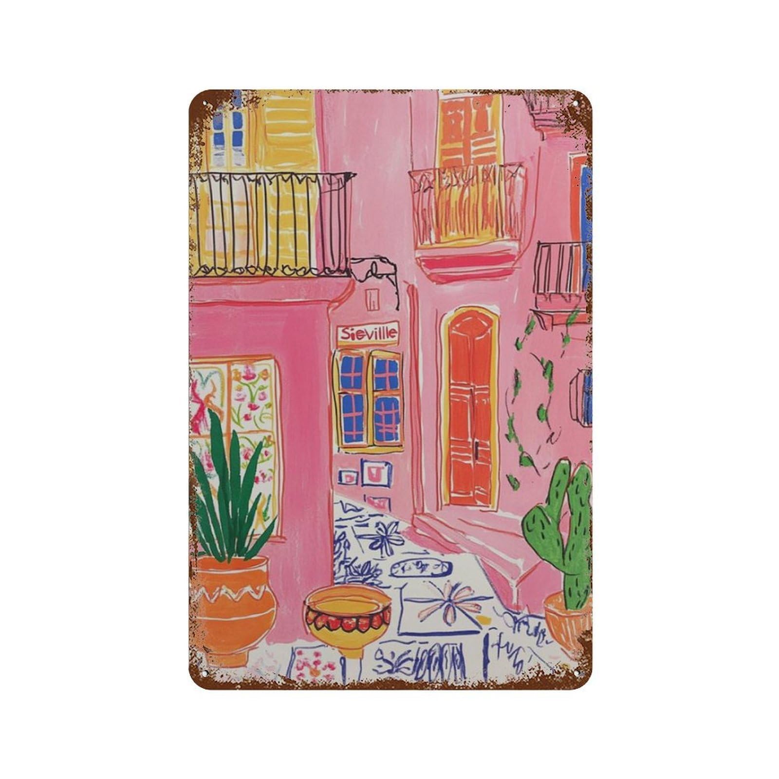 xiaoxiaoshen Seville Spanish Courtyard Colourful Street Scene Mediterranean Architecture Wall Decor Art Metal Tin Poster Modern Home Decor Art Home Bar Shop Decorations Vintage Sign 30x20cm
