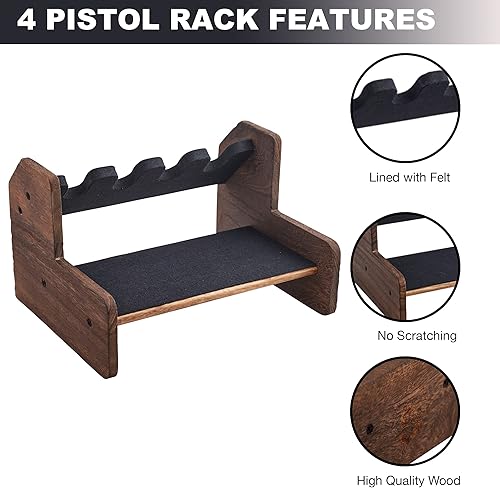 Miniatura 7 de THE HAWK HAUS Estante para pistolas para 4  Organizador de almacenamiento rústico de madera pura marrón oscuro para revólveres pistolas y pistolas