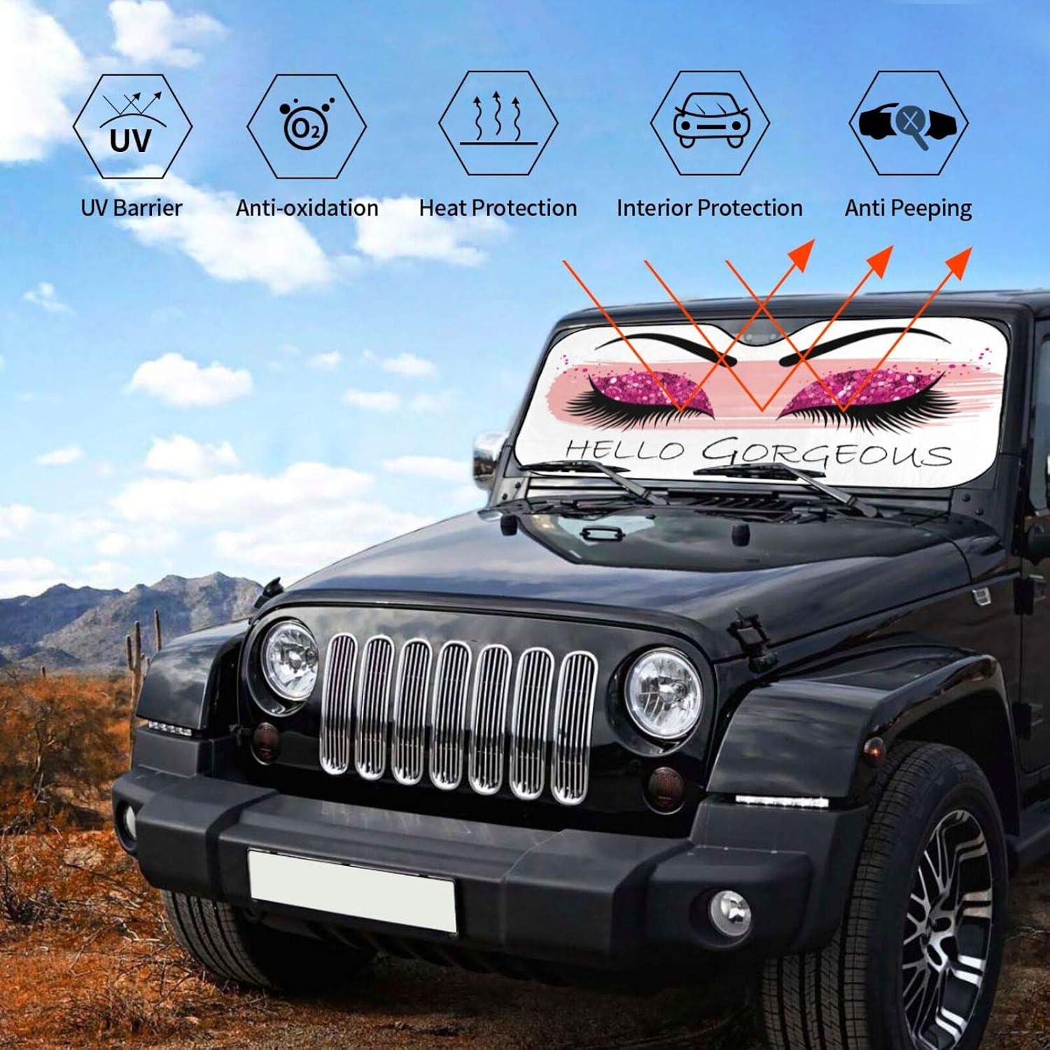 Hello Gorgeous Car Front Windshield Sun Shades, Pink Glittering Eyelash Makeup Auto Window Sunshade, Summer UV Rays Blocker Visor Protector, Folding Sun Visor Shield Keep Your Vehicle Cool 51x27.5 in