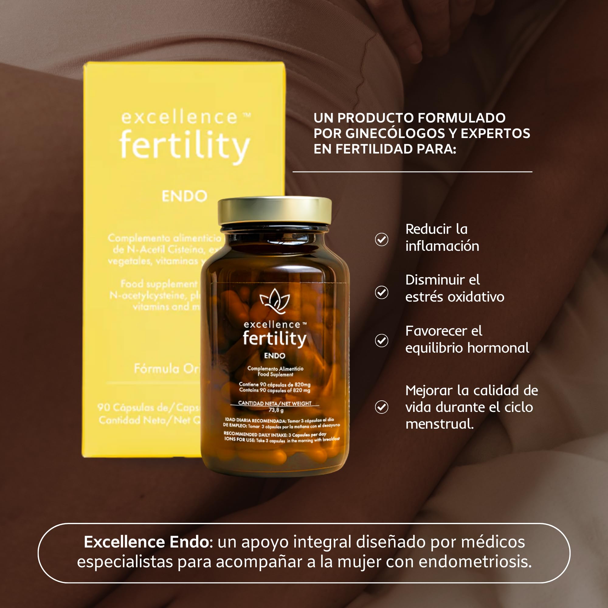 Excellence Endo - Suplemento Natural para Endometriosis - Apoyo Antioxidante y Hormonal con Resveratrol, Cúrcuma, Quercetina, Té verde, Sauzgatillo, NAC y Magnesio | EXCELLENCE FERTILITY