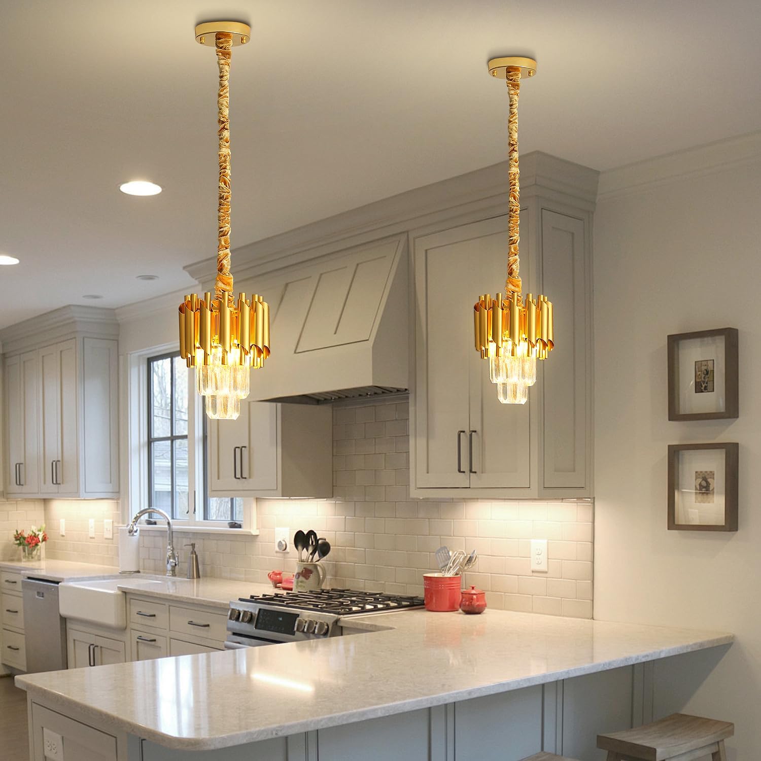 Modern Gold Crystal Chandelier 2-Tier Round Pendant Lighting Light Fixture Chandelier for Kitchen Island Entryway Bathroom BedHead Bedroom