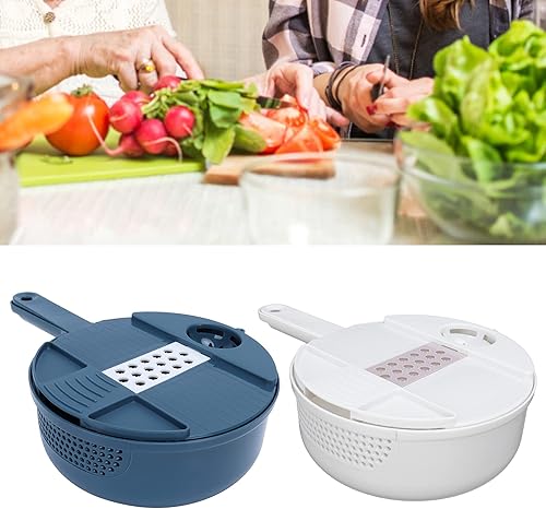 Miniatura 9 de Fdit Picadora manual de verduras 12 en 1, procesador de alimentos multifuncional con 6 cuchillas de acero inoxidable, cesta de drenaje para cortar