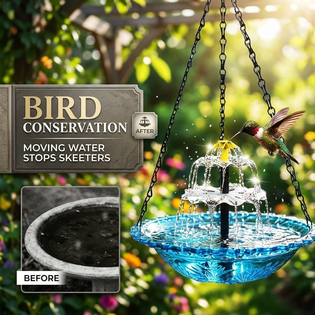 Solar Hanging Bird Bath Fountain with Solar Pump, Cascading Outdoor Water Fountain with Glass Bowl, Decorative Hanging Bird Bath for Garden, Yard, Patio, Porch, Tree (Grey)