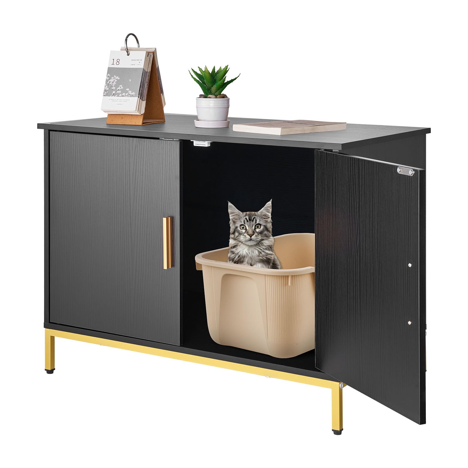 VEVOR Cat Litter Box Enclosure Furniture, 27.6 in Hidden Litter Box Cabinet with Metal Legs & Handle, Modern Style Cat Washroom House End Table, Fit Most of Litterbox, for Bedroom Living Room
