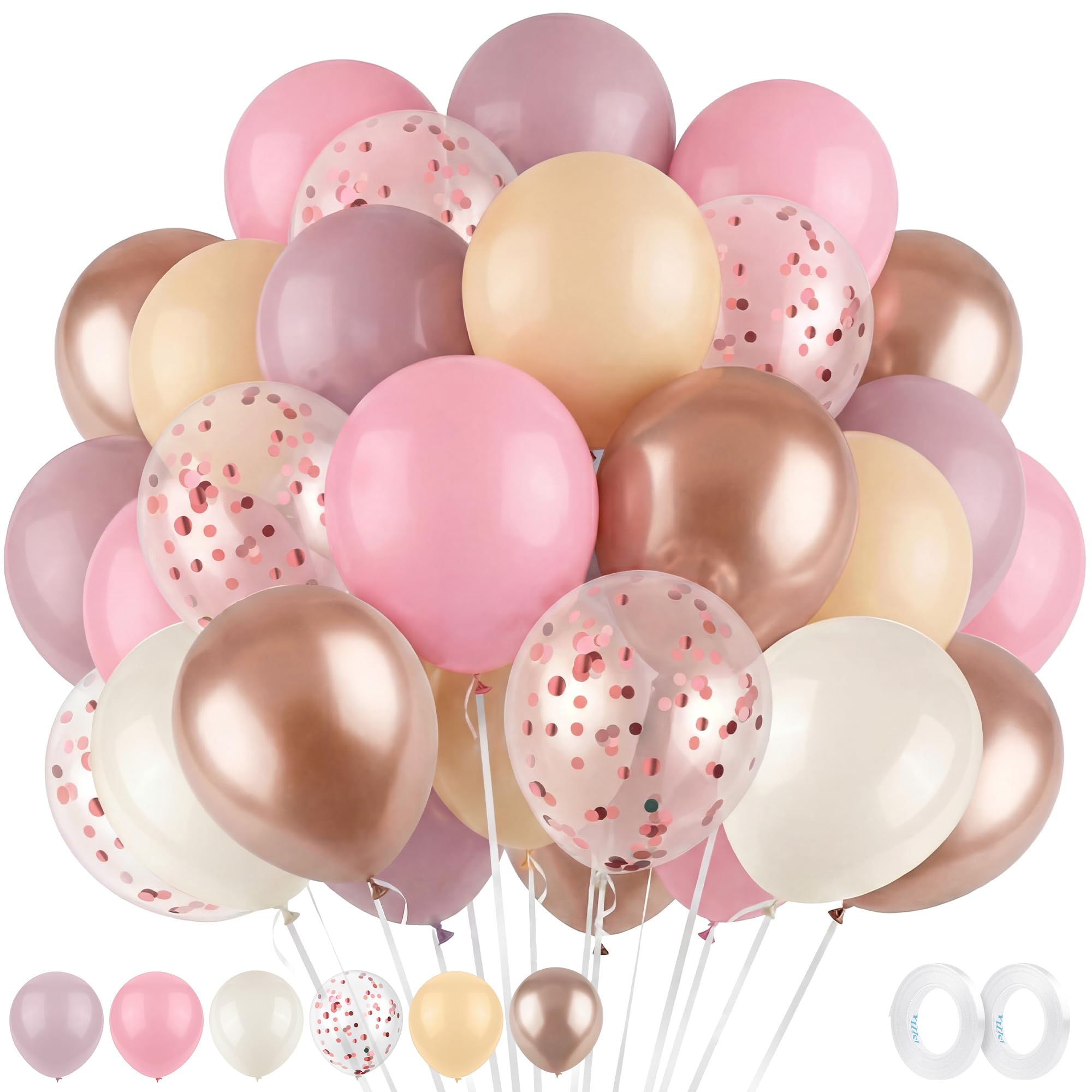 Vivantia 72 Piece Dusty Pink and White Balloons, 12 Inch Multicolor Colorful Latex Balloon, Confetti Party Balloons for Girls, Unicorn Easter Birthday Baby Shower Bridal Wedding Engagement Decoration