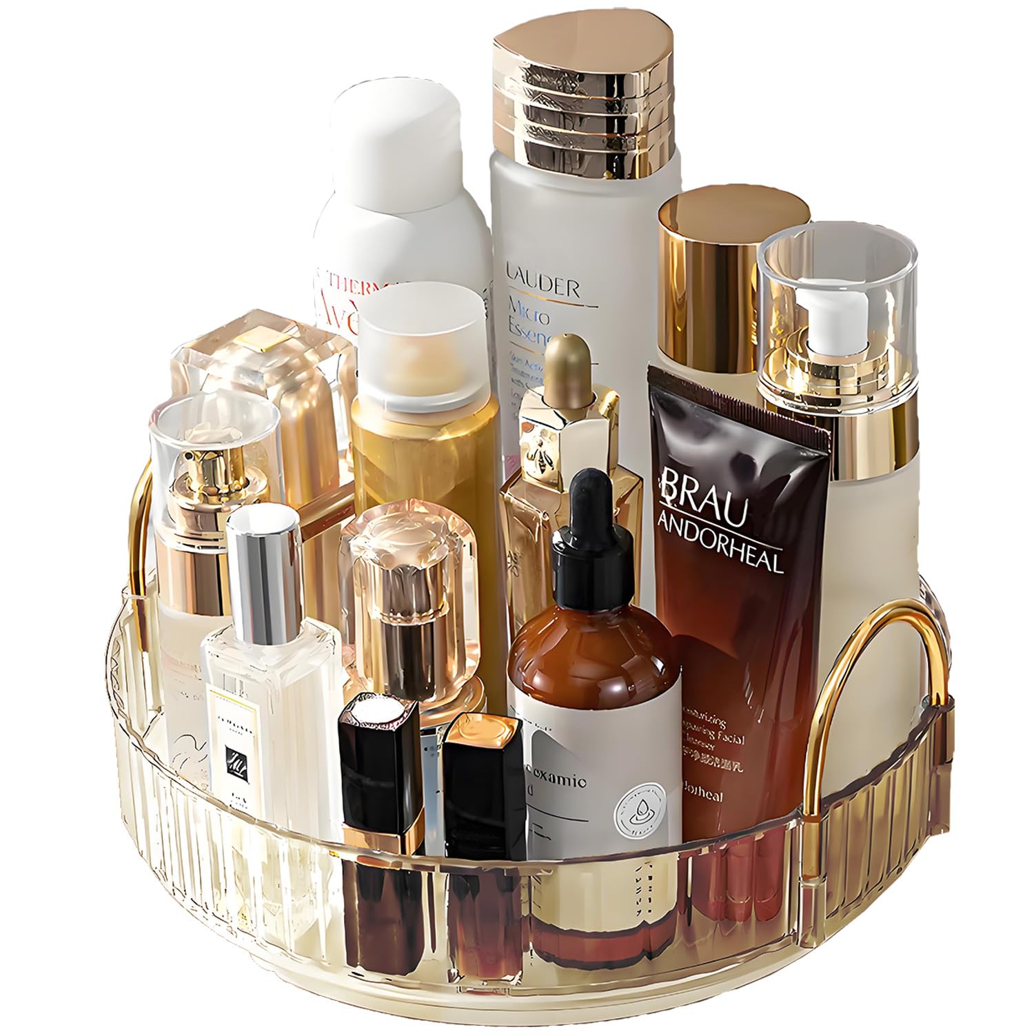 Make Up Kosmtik Organizer, 360° Drehbar Schminktisch Organizer, Multifunktion Schmink Aufbewahrungssystem Skincare für Dresser Schlafzimmer Badezimmer, 1 Schicht, Bernstein