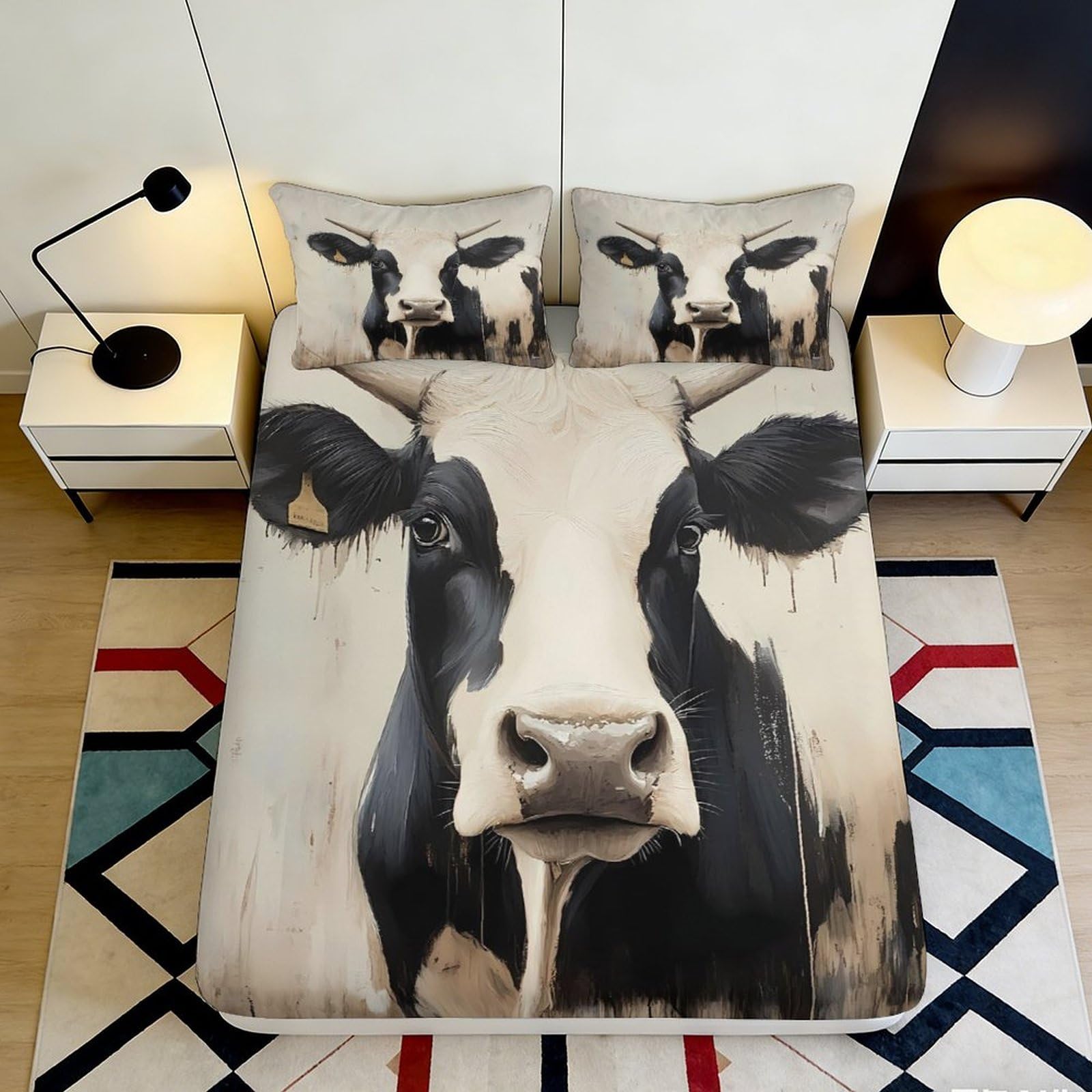 3D Printed Cow Pattern Fitted Sheet, Microfiber Soft Touch, Bed Cover for Modern Bedroom, Anti-Slip, Easy Care, Apartment Bedding, Home Decor, 110x200cm 90x200x25cm