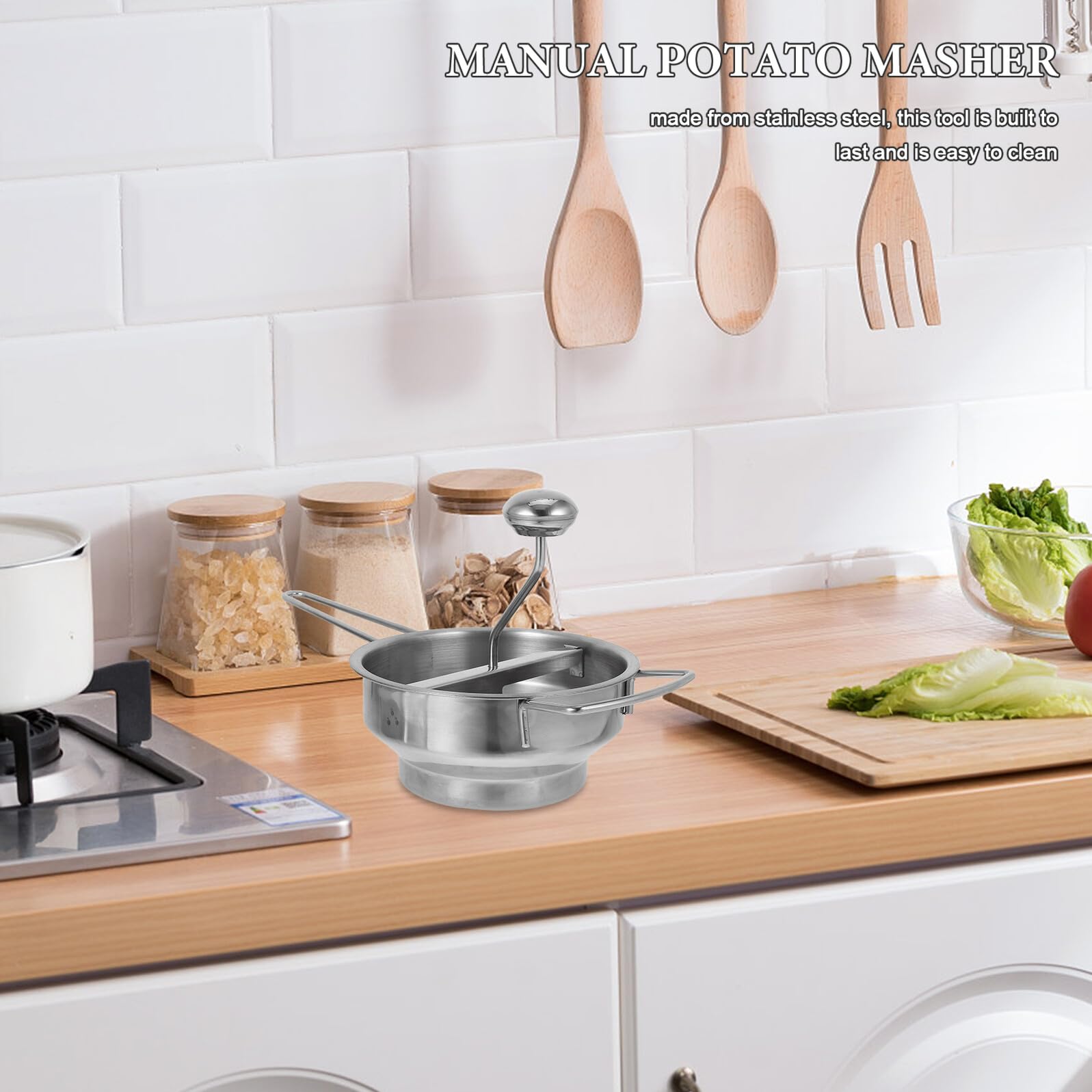 SUPVOX Machacador de Puré de Patatas de Acero Inoxidable con 3 Filtros (2, 3 y 7 Mm), Prensador Manual Grande para Puré de Verduras y Frutas, Utensilio de Cocina Ergonómico para Hogar