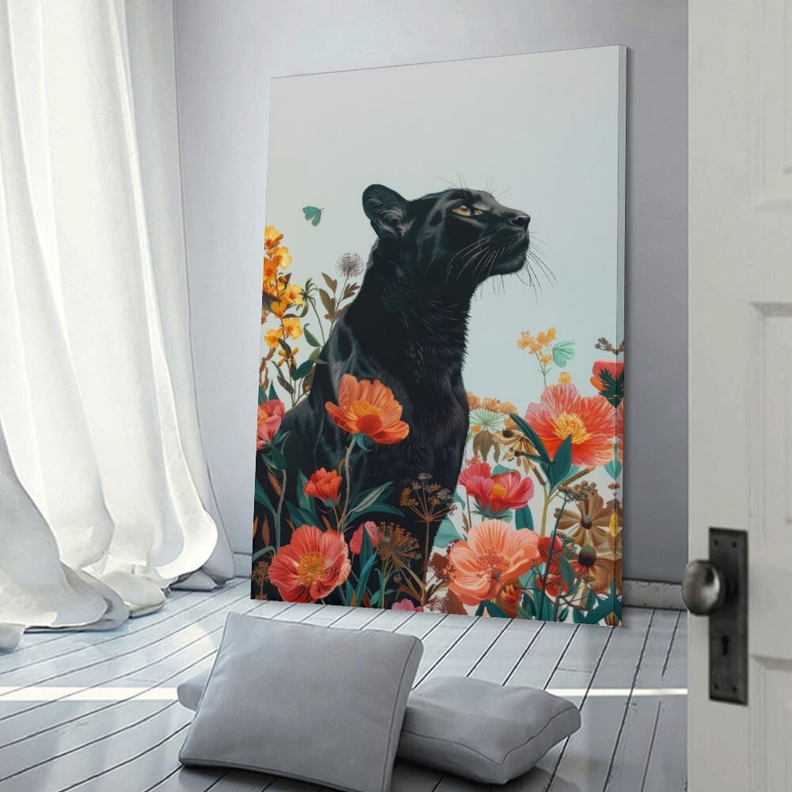 Junmoney Wall Picture Print Black Panther Botanical, 24x36inch(60x90cm), for Wall Displays, Bedrooms Or Room Updates, Wall Decor Suited to Curated Displays