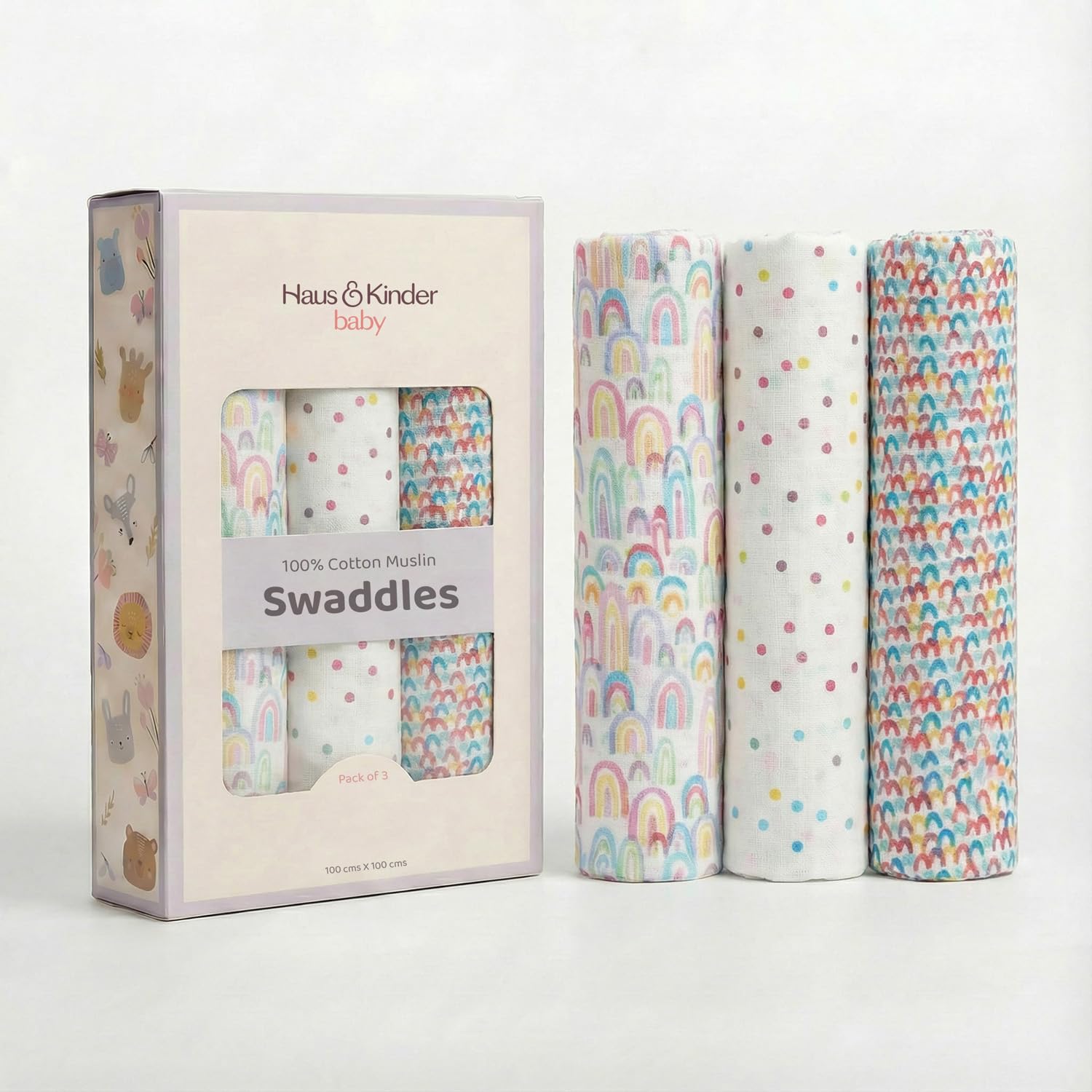 haus & kinder 100% Cotton Muslin Baby Swaddle Wraps | Pack of 3 Extra Large 100×100 cm | Soft, Breathable Newborn Swaddles for 0–6 Months | Rainbow Collection | Multi-Use Blanket