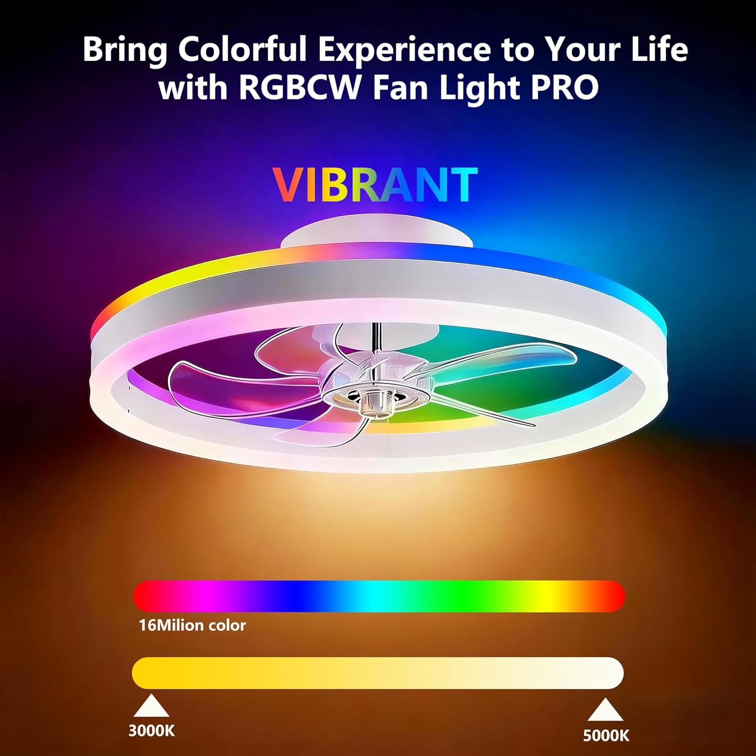 RGBCW Ceiling Fan with Light, 20" Flush Mount Low Profile Smart Fan Light with App & Remote Control, 6 Speeds Reversible, 3CCT Dimmable LED Bladeless Fandelier Quiet DC Motor for Bedroom Living Room