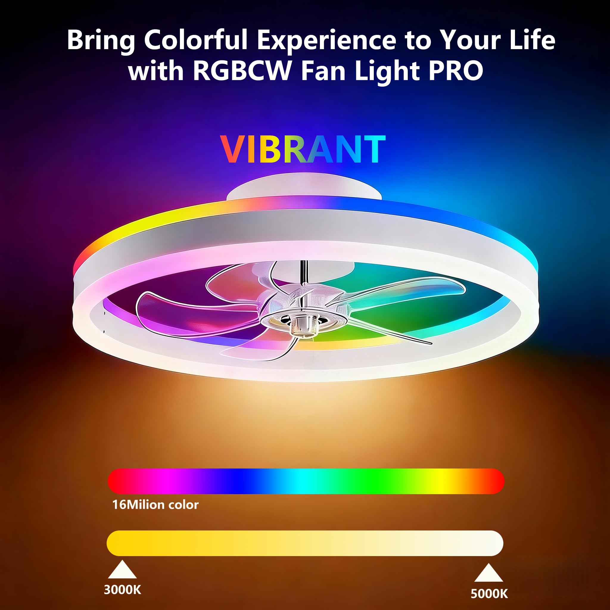 RGBCW - Ventilatore da soffitto con luce, 50 cm, da incasso, a basso profilo, con app e telecomando, 6 velocità reversibili, dimmerabile, per camera da letto e soggiorno