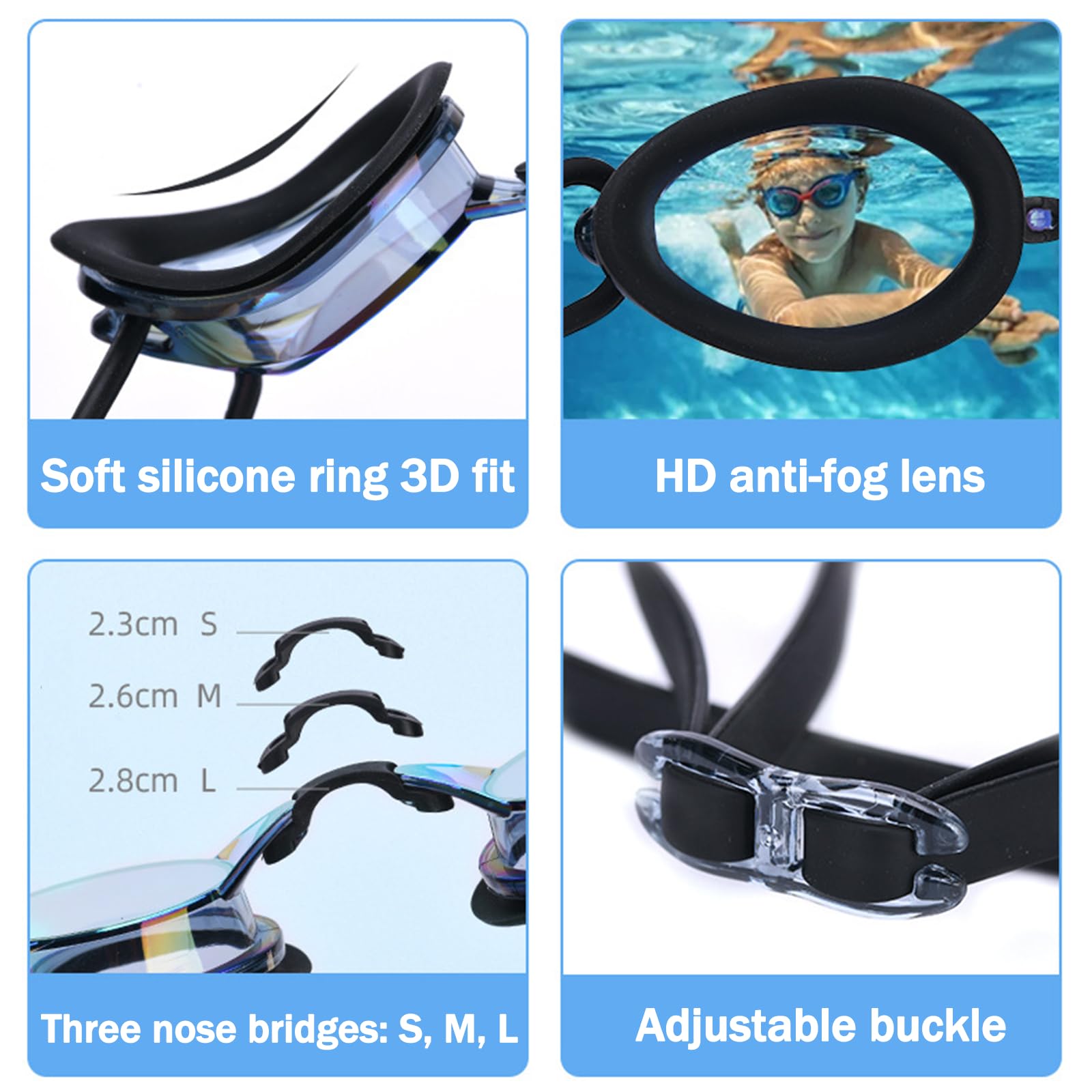 Occhialini da nuoto, ampio campo e alta definizione, cinturino elastico a specchio, a prova di perdite, protezione UV, anti-appannamento