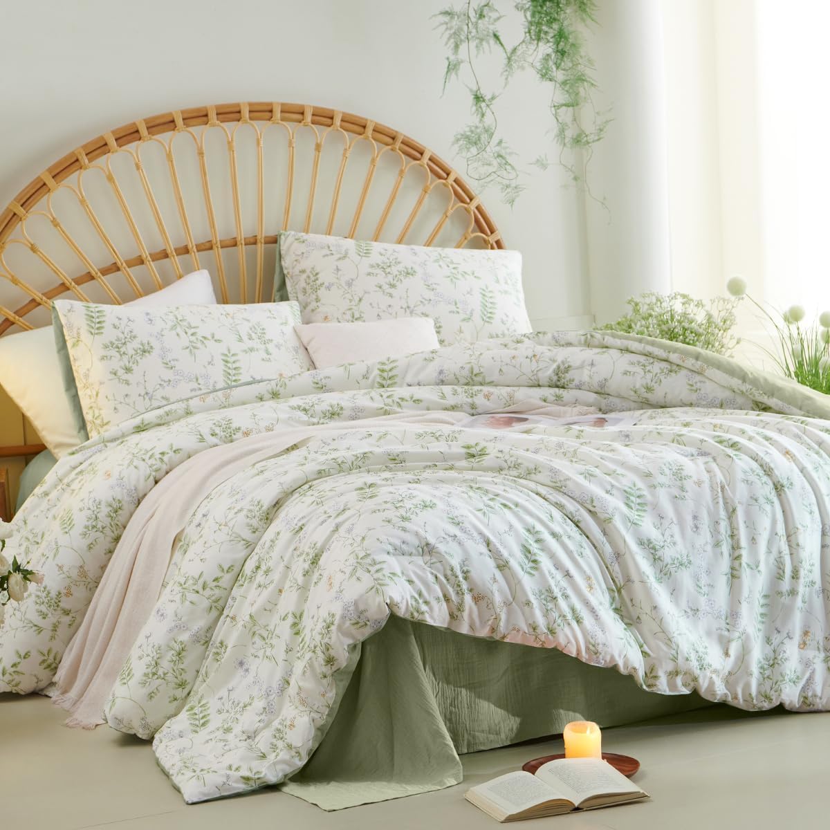 Botanical Floral Comforter Set Queen Size,Green Leaf Bedding Set, Reversible Sage Green Design, 3 Pieces Garden Flower White Comforter with 2 Pillowcases