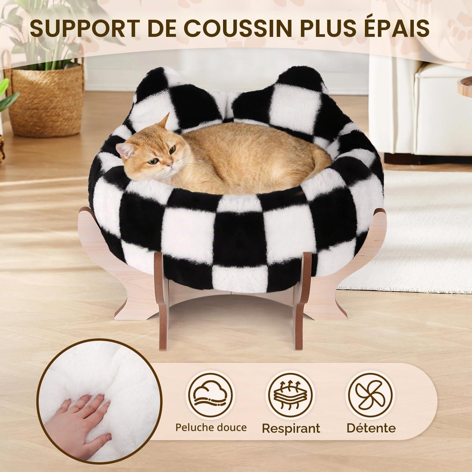 Lit surélevé pour chat d'intérieur, canapé lit pour animaux de compagnie avec coussin moelleux amovible, support en bois, canapé surélevé pour chat 45,7 x 45,7 cm, canapé surélevé pour chaton