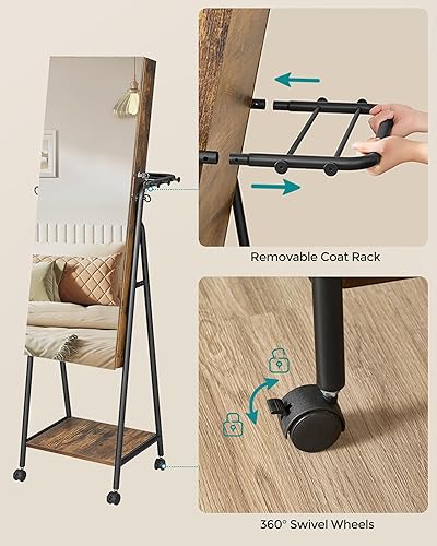 Miniatura 8 de SONGMICS Armario de joyería con 6 LED con bloqueo organizador de joyas armario de joyería de pie con 4 ruedas espejo con almacenamiento de joyas