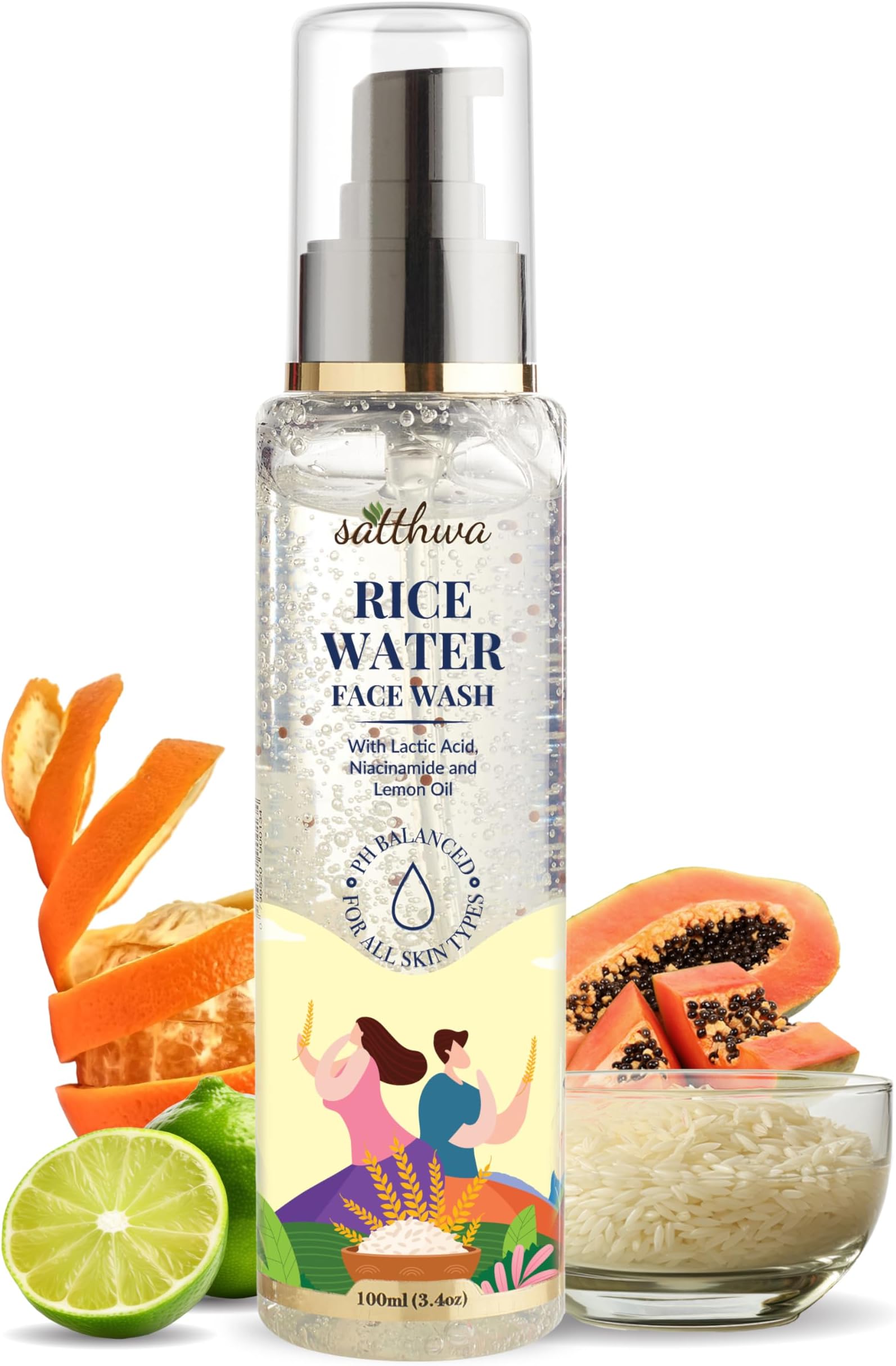 Satthwa Rice Water Face Wash with Niacinamide for Glass Skin | Brightens, Tightens & Evens Skin Tone | Suitable for All Skin Types - 100ml