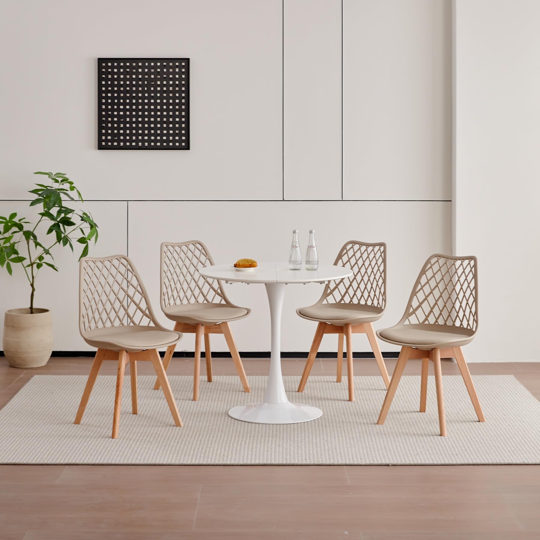 Set di 6 Sedie da Sala da Pranzo, Sedia da Cucina con Schienale in Rete Cava e Gambe in Legno di Faggio, Sedia da Soggiorno con Cuscino Morbido in Pelle PU - Cachi