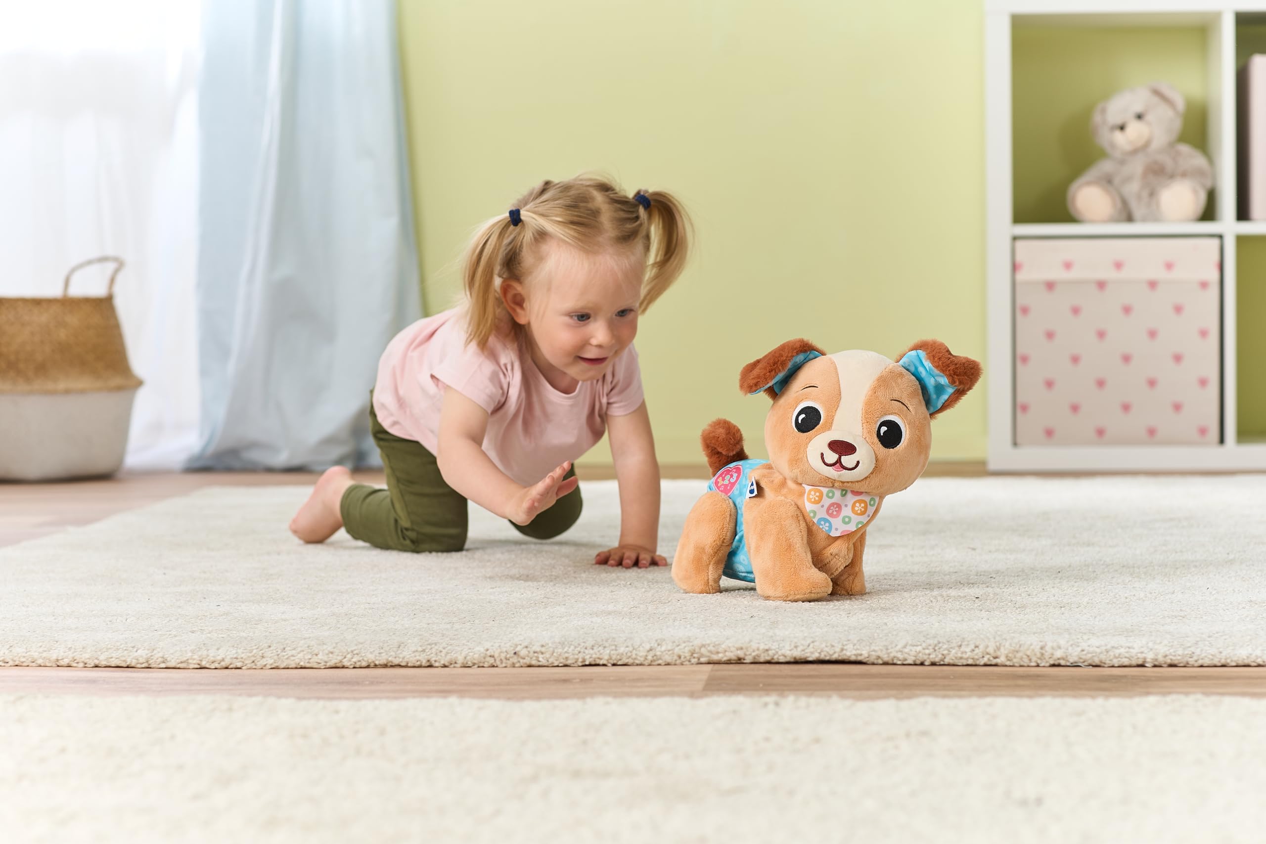 VTech-Baby Mascota de Peluche Cachorrito Pasitos, Juguete Educativo Bebés +9 Meses, Peluche Interactivo Que Anima a Gatear, Luces, Canciones, Sonidos y Texturas, Versión ESP