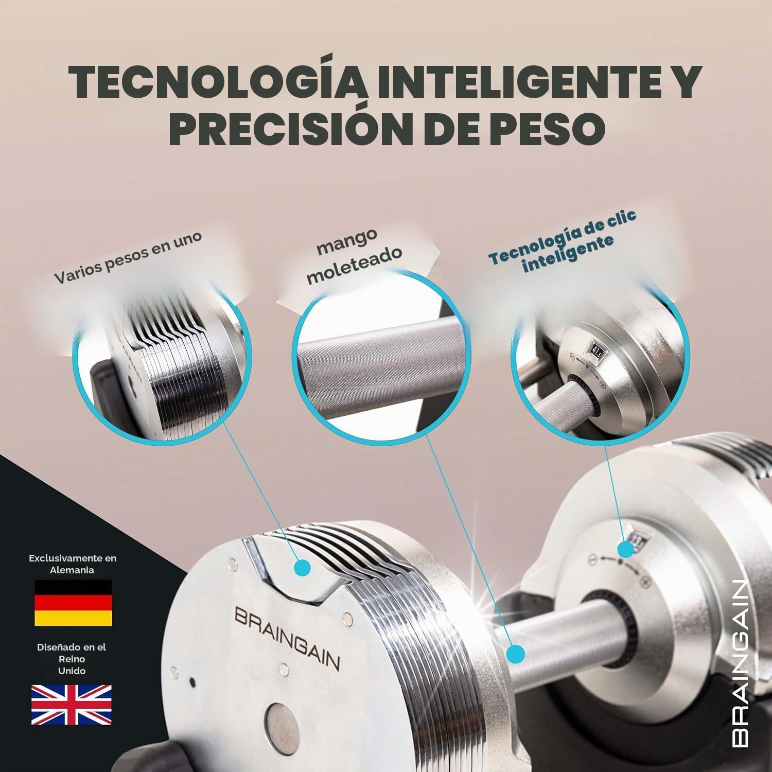 Mancuernas ajustables BRAINGAIN – 23,5 kg, 32,5 kg, 41,5 kg – Cromado – Mancuernas versátiles para el entrenamiento de fuerza en casa, con soporte.
