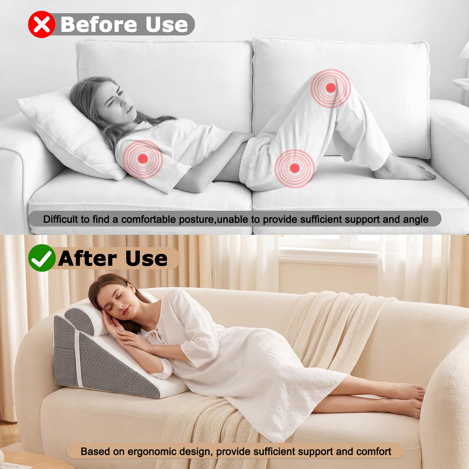 Cojín de apoyo de cuña para cama con cojín suave, almohada de cuña de espuma para apnea del sueño, reflujo ácido, alivio del dolor de espalda, elevación de piernas, almohada triangular inclinada para