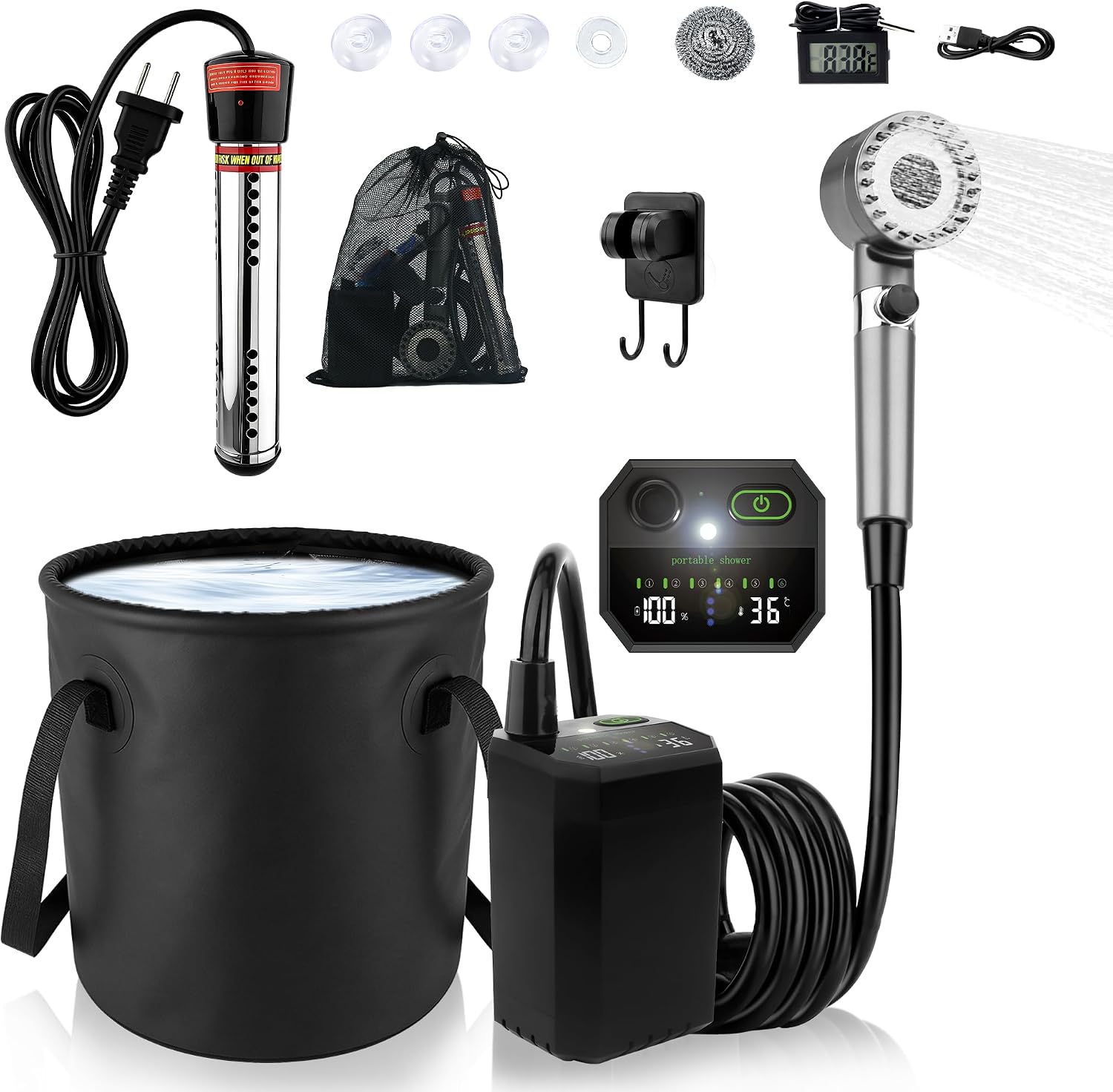 Portable Camping Shower with Heater, 6000mAh Rechargeable Portable Shower Pump, 1500W Hot Water Camping Shower with 20L Bucket, LED Temperature Display for Camping, Hiking, RV, Pet Bath