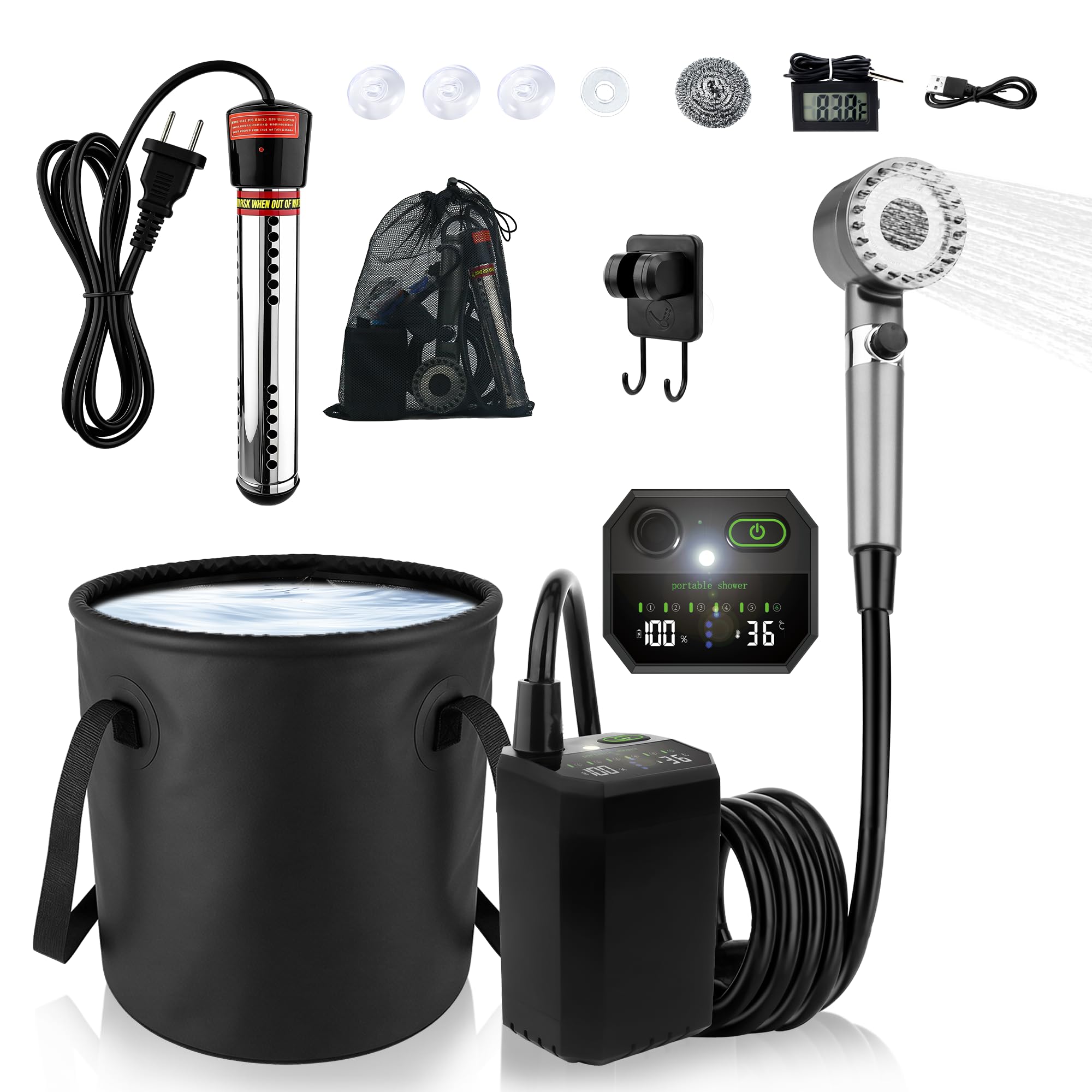 Tragbare Campingdusche mit Heizung, 6000 mAh wiederaufladbare tragbare Duschpumpe, 1500 W Warmwasser-Campingdusche mit 20 l Eimer, LED-Temperaturanzeige für Camping, Wandern, Wohnmobil