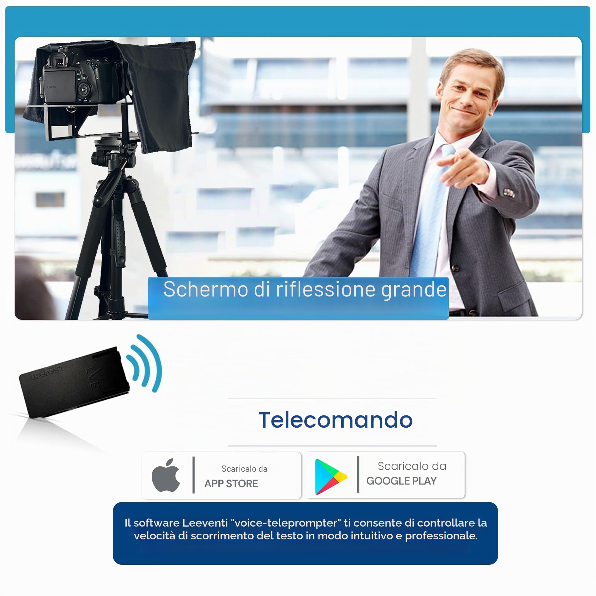 Teleprompter Compatibile con Ipad, Tablet, Smartphone e Fotocamera Dslr, Controllo con Telecomando o App, Compatibile con Android e iOS, Ideale per Registrazioni Video (versione 4.0)