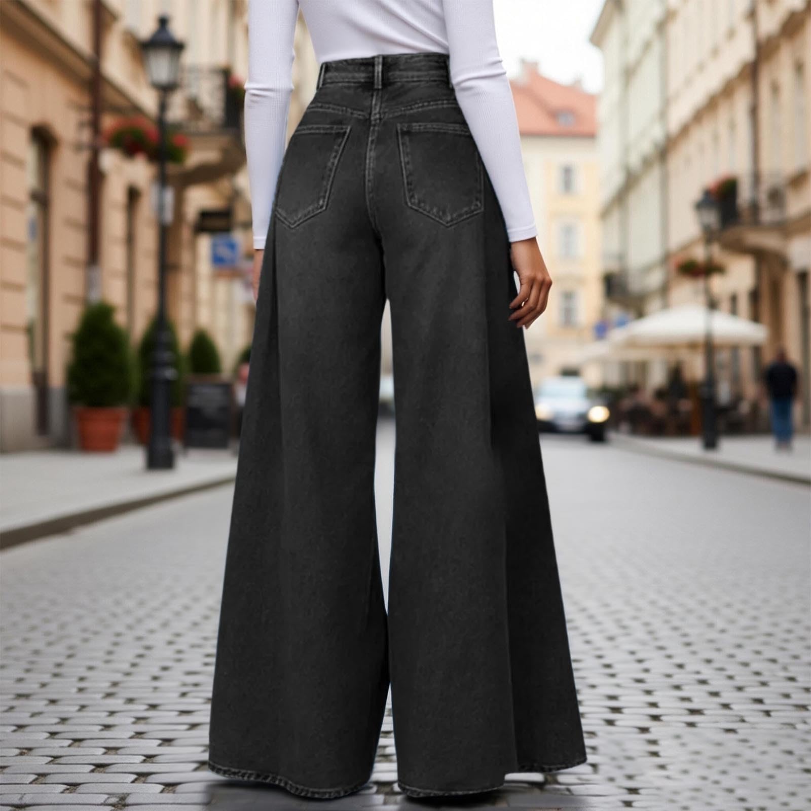 Pantalon asymétrique taille haute pour femme avec jupe superposée à volants sur le côté - Pantalon ample et fluide en jean