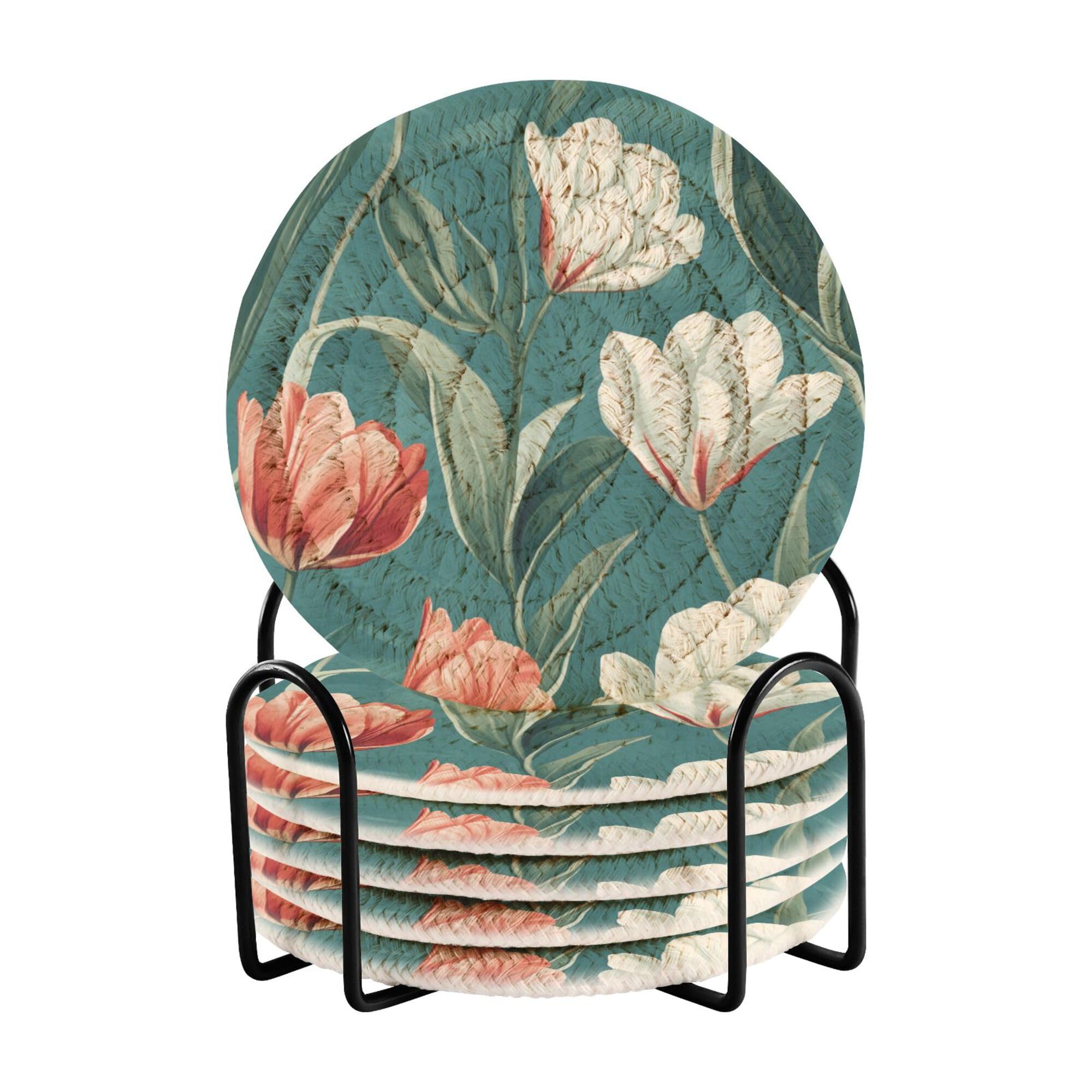 Chic Tulips Teal Cotton Rope Coasters Absorbent and Holder Set of 6 Table Cup Coasters