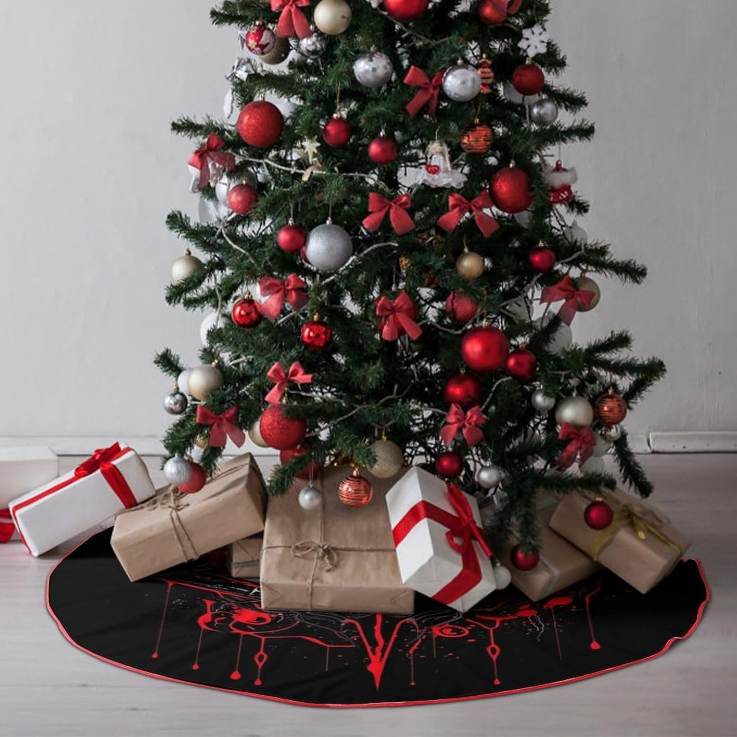 Christmas Tree Skirt,for Xmas Tree Holiday Party Decorations Eye of Hell Printed Christmas Tree Mat Red Lace-up Christmas Tree Dress