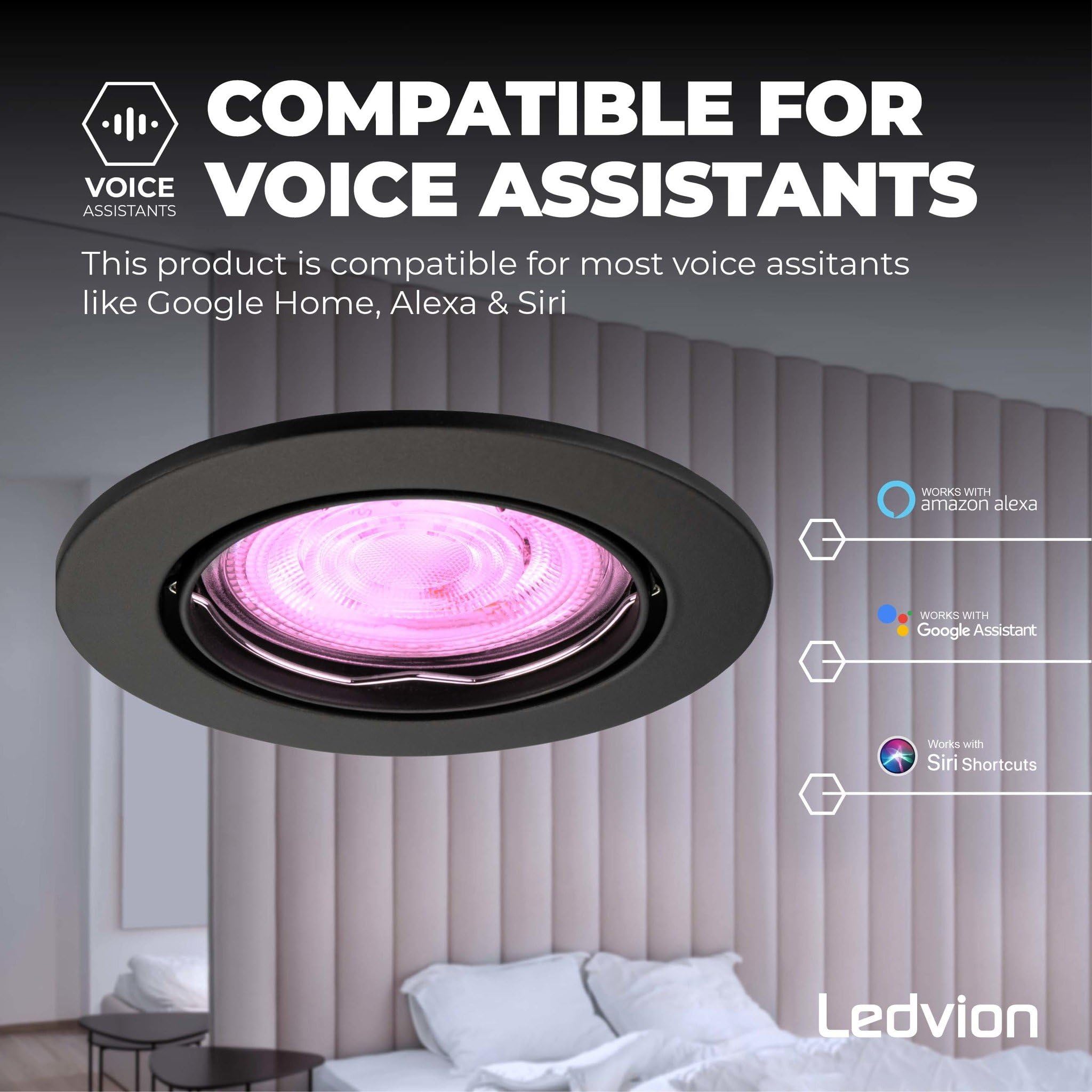 Ledvion LED Einbaustrahler 6er Set Rund Schwarz RGB dimmbar smart | Fuer trockene Innenraeume wie Wohnzimmer Kueche und Flur; Farbe und Helligkeit per App oder Smart Steuerung einstellbar