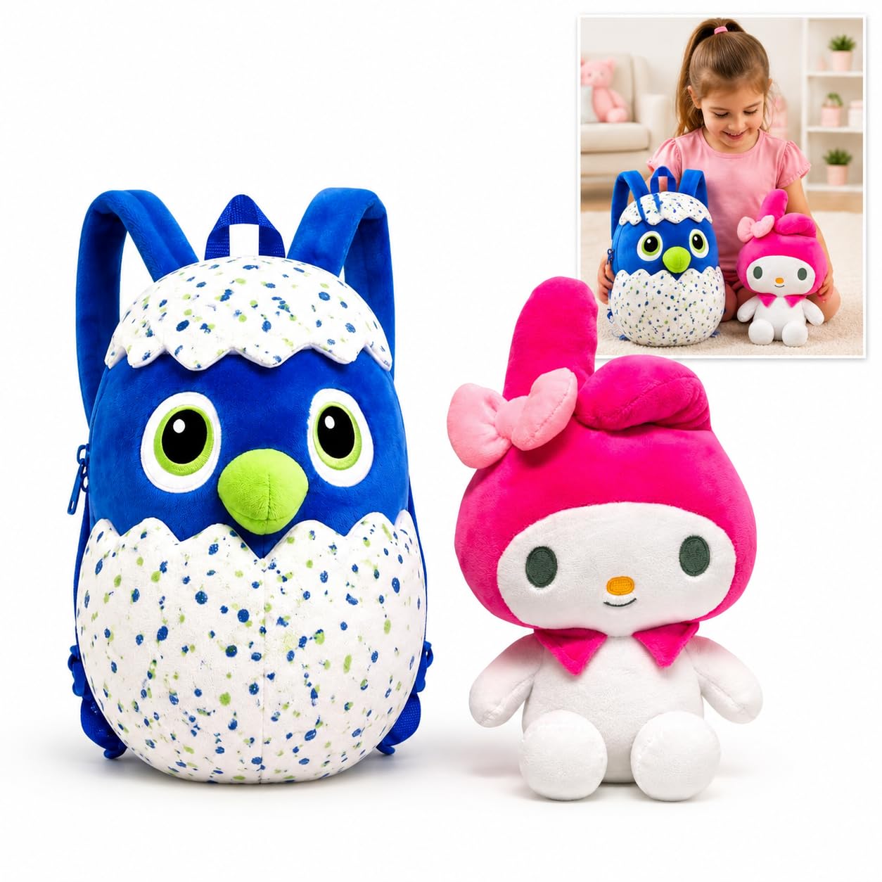 SRV Hub Hello Kitty My Melody Plush Toy & 3D Character Backpack Set, Soft Bunny Teddy with Kids School Rucksack, Lightweight Travel Bag, Gift for Girls Ages 4+