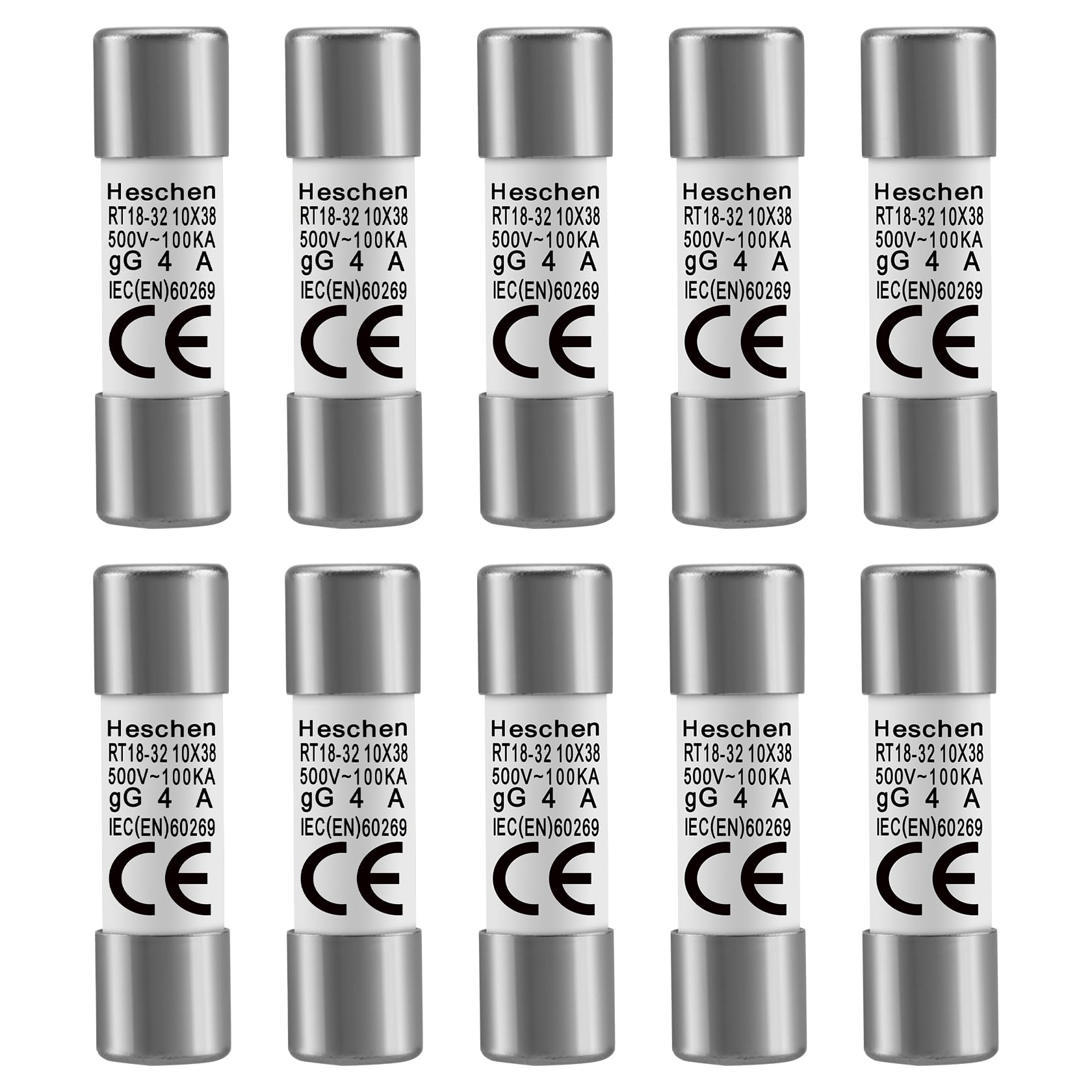 Heschen Cylindrical Ceramic Tube Fuse Link RT18-32 (RO15) 10 * 38 mm 4A 500V CE Pack of 10