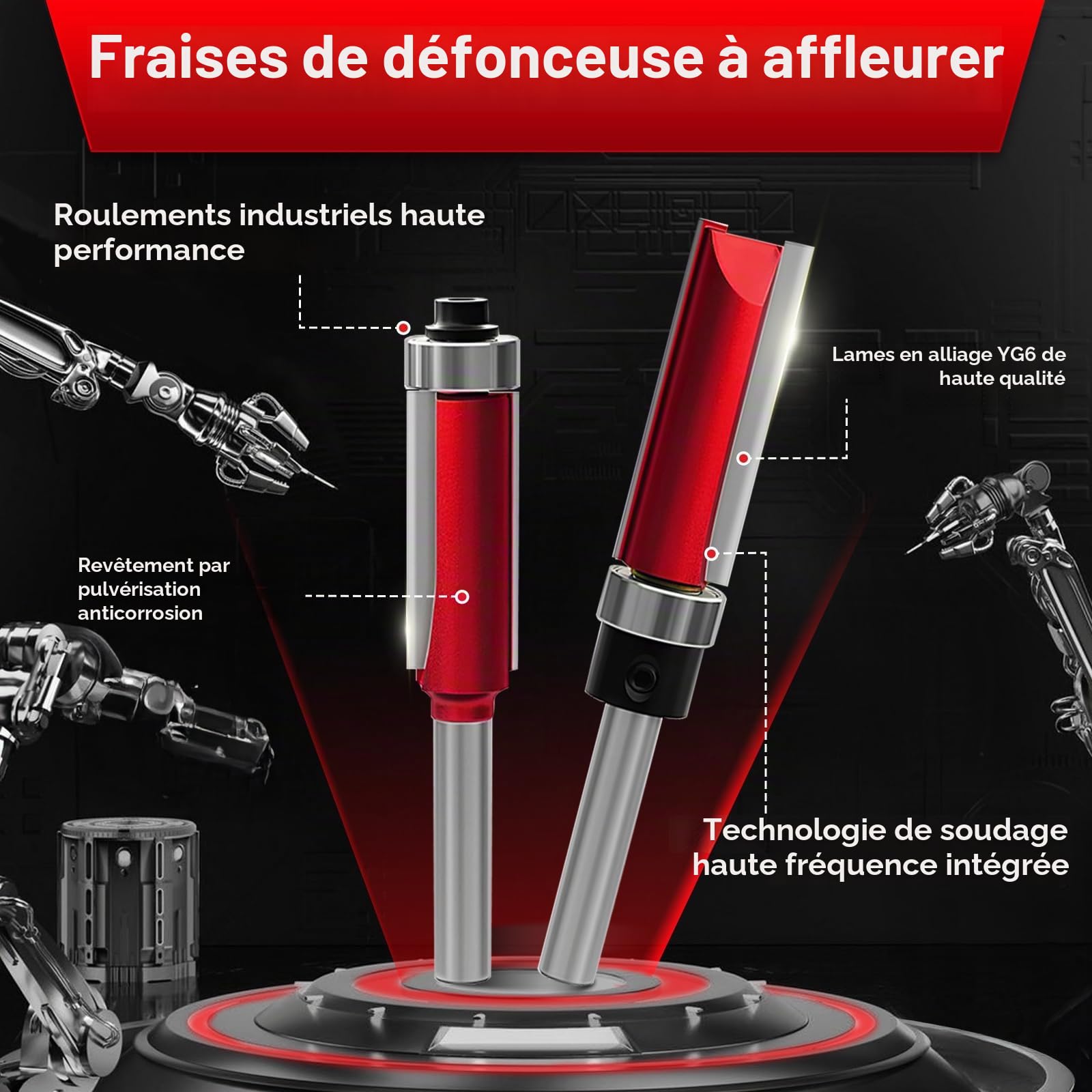 10 pièces Fraises à affleurer avec 2 embouts magnétiques à percussion, 6 roulements, 2 clés, Set de fraises à affleurer à tige de 8mm,Gabarit de perçage de charnière de 35 mm